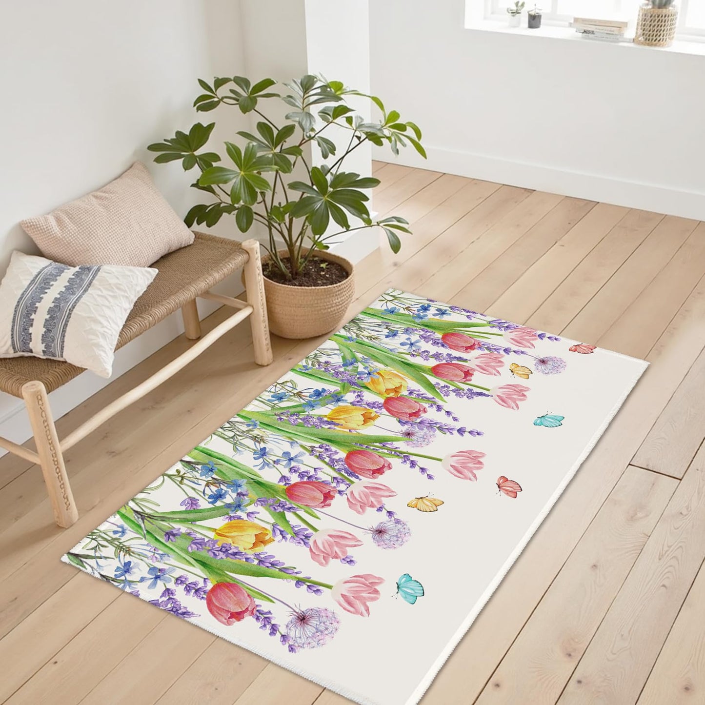 Cryomitron Spring Summer Tulip Outdoor Rug 2x3 Pink Tulip Flowers Lavender Dandelion Door Mat Indoor Entrance Non Slip Soft Low Pile Washable Throw Rugs for Living Room Bedroom Holiday Decor
