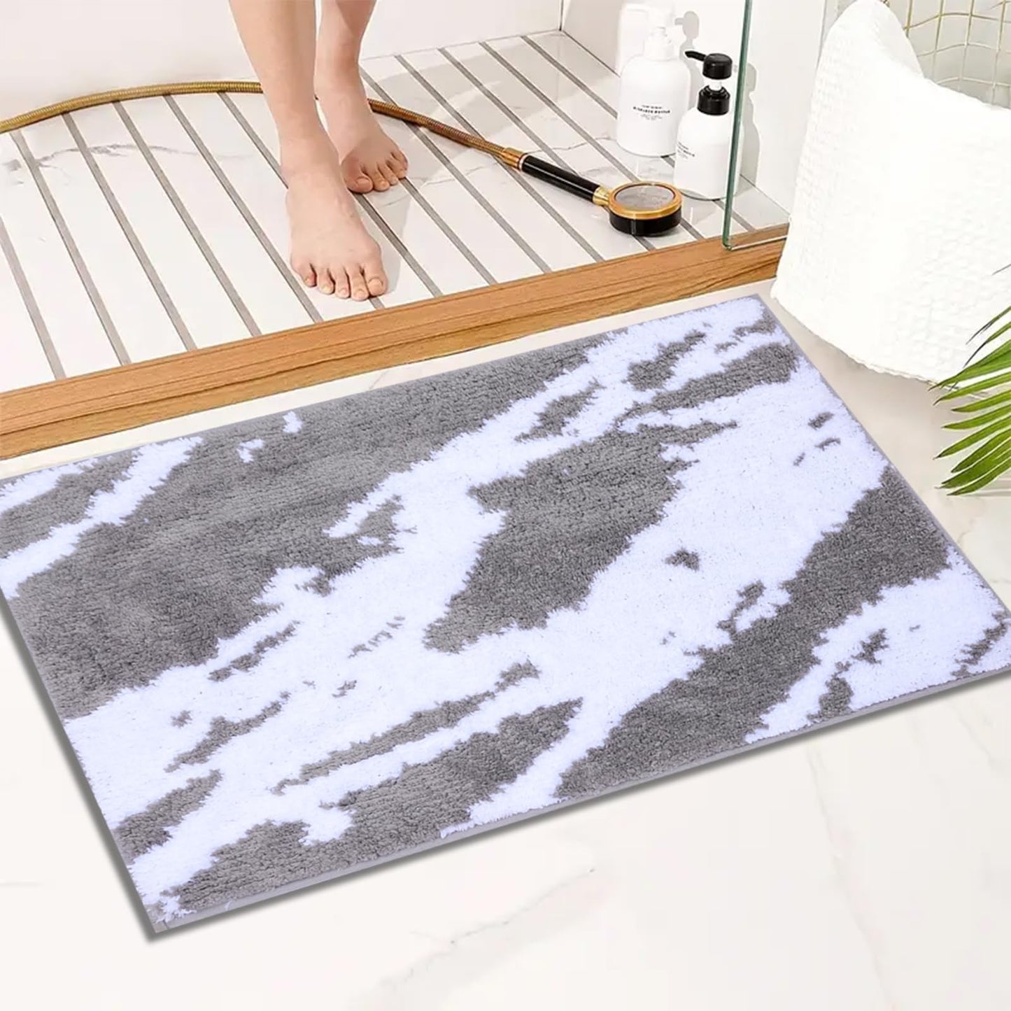 Royannie Bath Rug Mat 20"x32",Non Slip Indoor Mat Rubber Backing,Soft Absorbent Microfiber Rug Machine Washable,Modern Grey White Marble Doormats for Bathroom Entryway Kitchen Bedroom