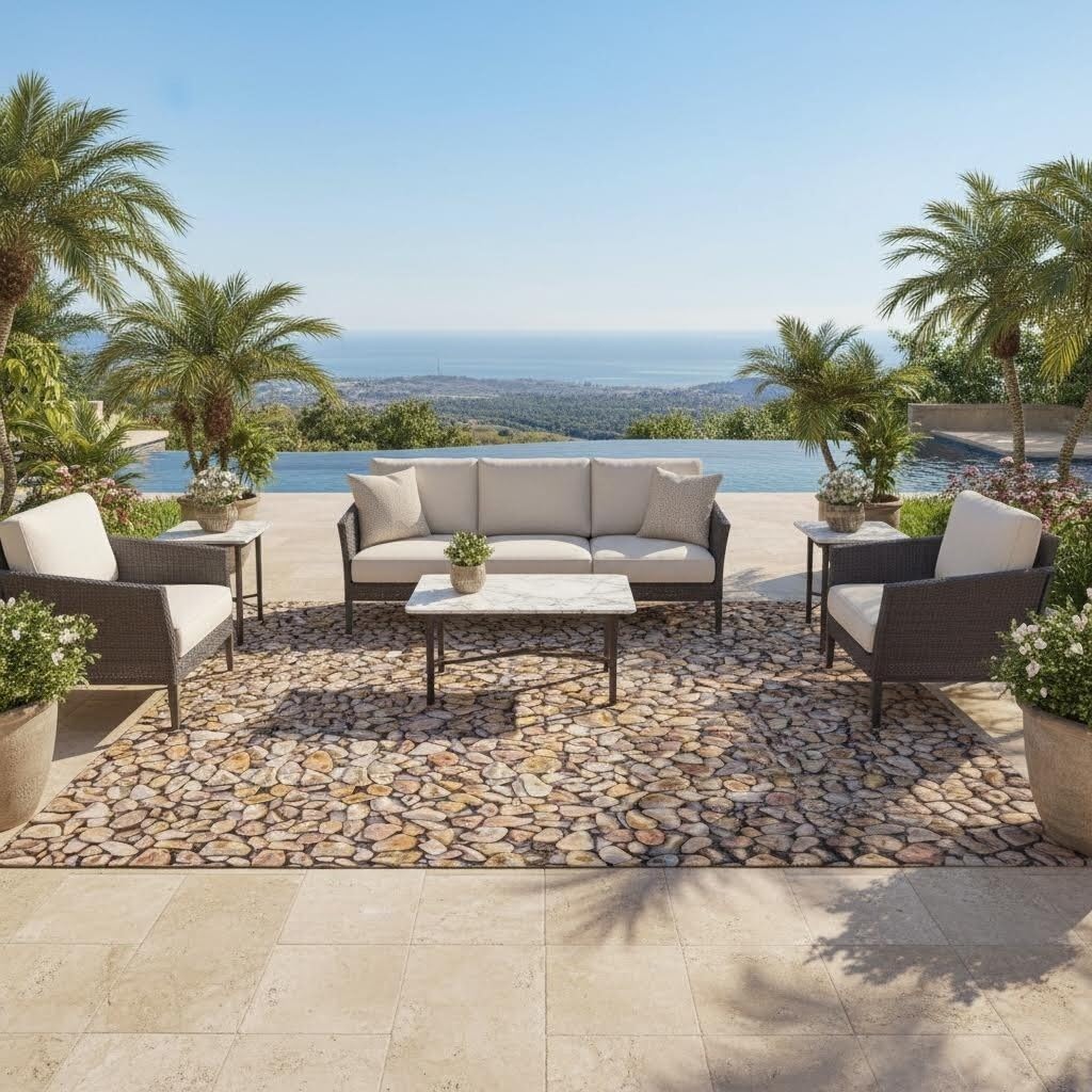 Coastal Beach Pebble Pattern Outdoor Rug 2x6 Washable Reversible Waterproof Thin Easy Clean Durable Beige Brown Outside Carpet for RV Camping Poolside Deck Balcony Garden Low Pile Floor Mat