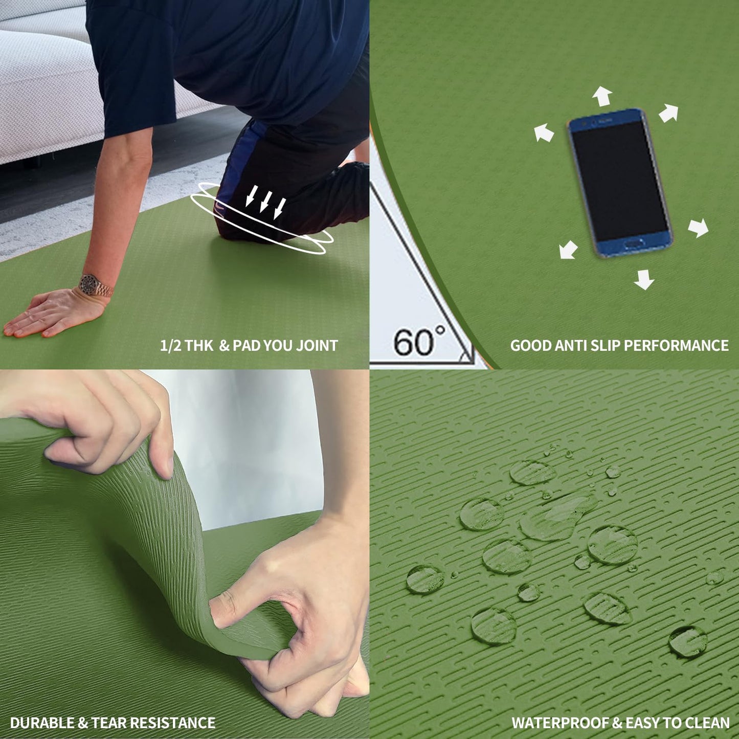 Hatha Yoga Large TPE Yoga Mat 6'x4'x1/2" Extra Thick Non-Slip Exercise Mat - for Yoga Pilates & Home Gym Workouts(Green)