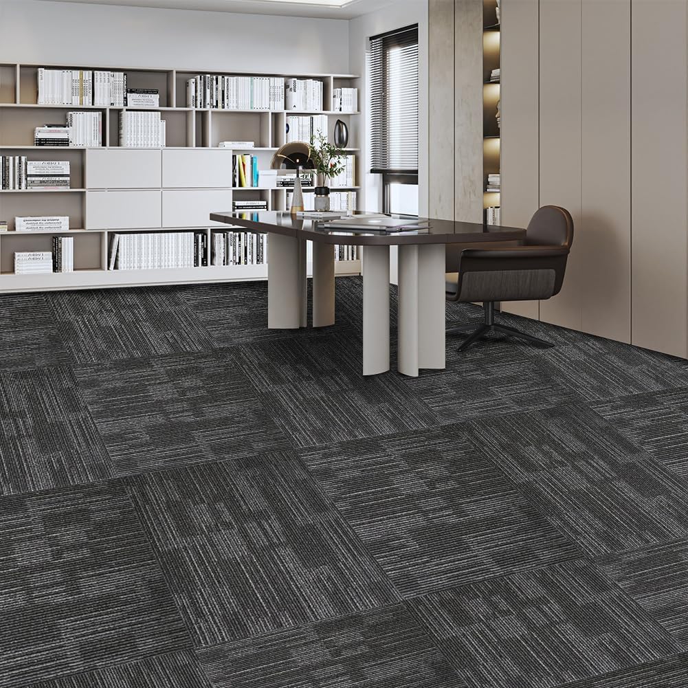 Heavy Duty Commercial Carpet Tiles 24" x 24", 18 Pcs/72 sq ft (FlexLok tabs Included),Non-Slip Soft Square Carpet Floor Tile for Office Bedroom Living Room Kitchen Garage Gym (Grey)