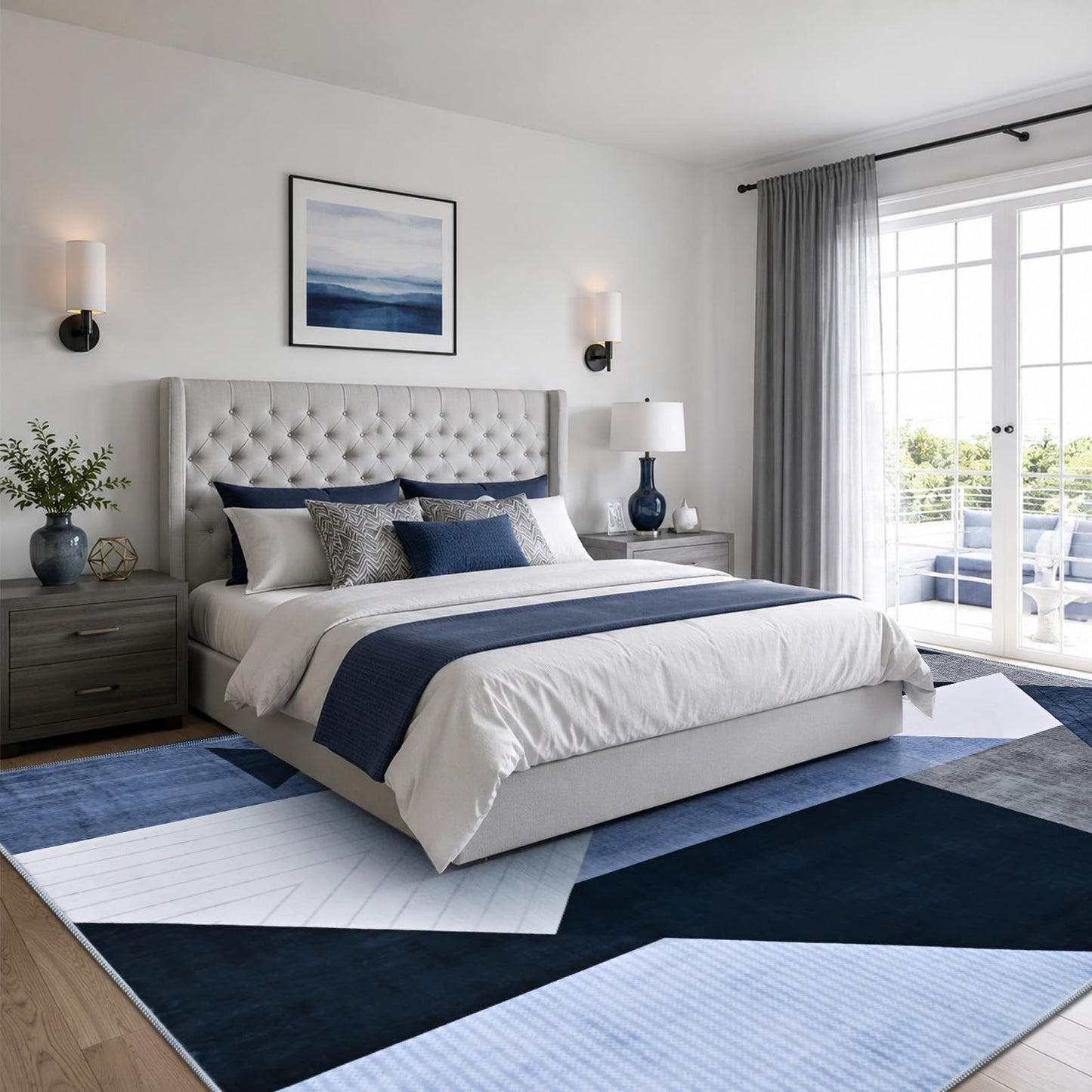 Yinhua Modern Geometric Area Rugs 9x12 Living Room Rug Low Pile Washable Rugs Non Slip, Large Area Rug for Bedroom Home Office, Soft Faux Wool Carpet No Shedding, Blue and Gray