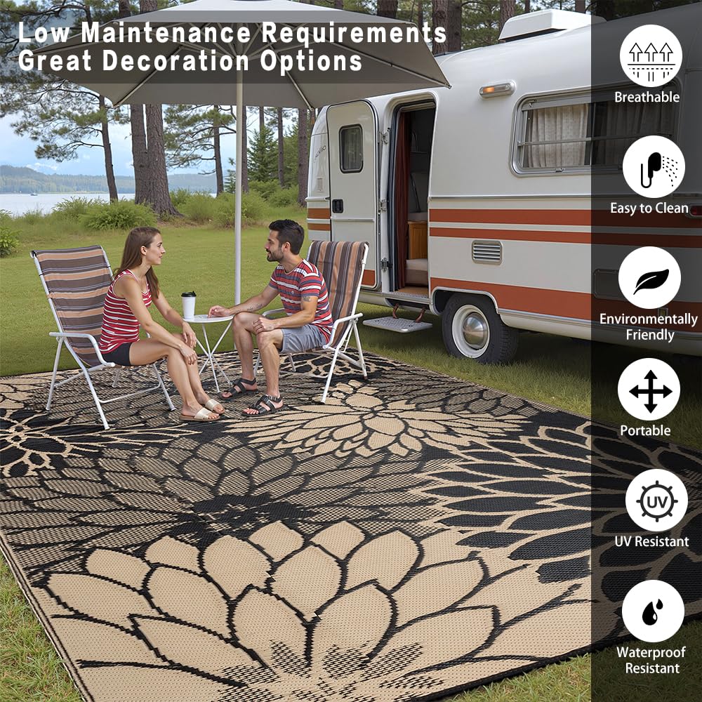HUGEAR 5'x8' Outdoor Rug Waterproof Plastic Straw Rugs Brown Reversible Floral Mat Floor Carpet for Camping RV Deck Entryance Porch Picnic Balcony Beach Backyard