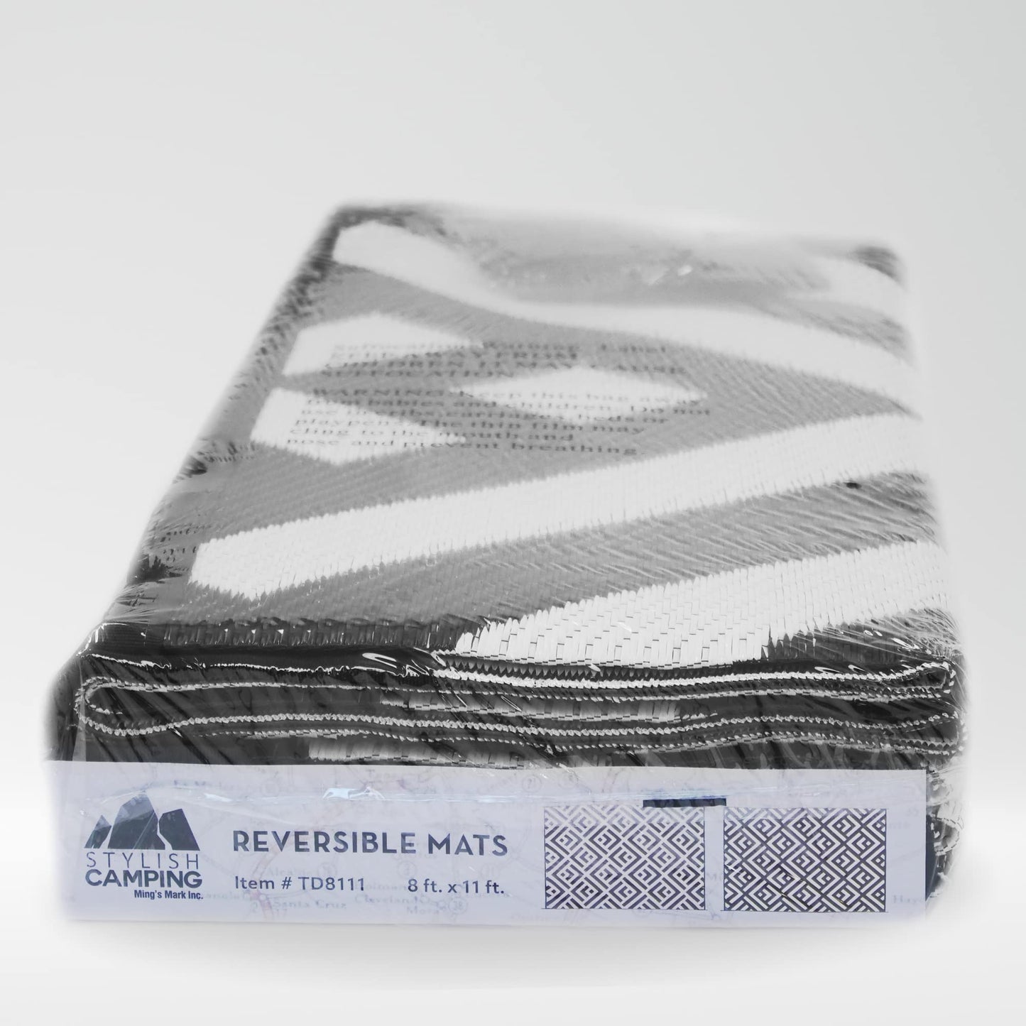 Stylish Camping TD8111 8-feet by 11-feet Reversible Mat, Recycled Plastic, Home, Patio, RV, Camping, Picnic, Beach - Geo Design Mat (Black/White)