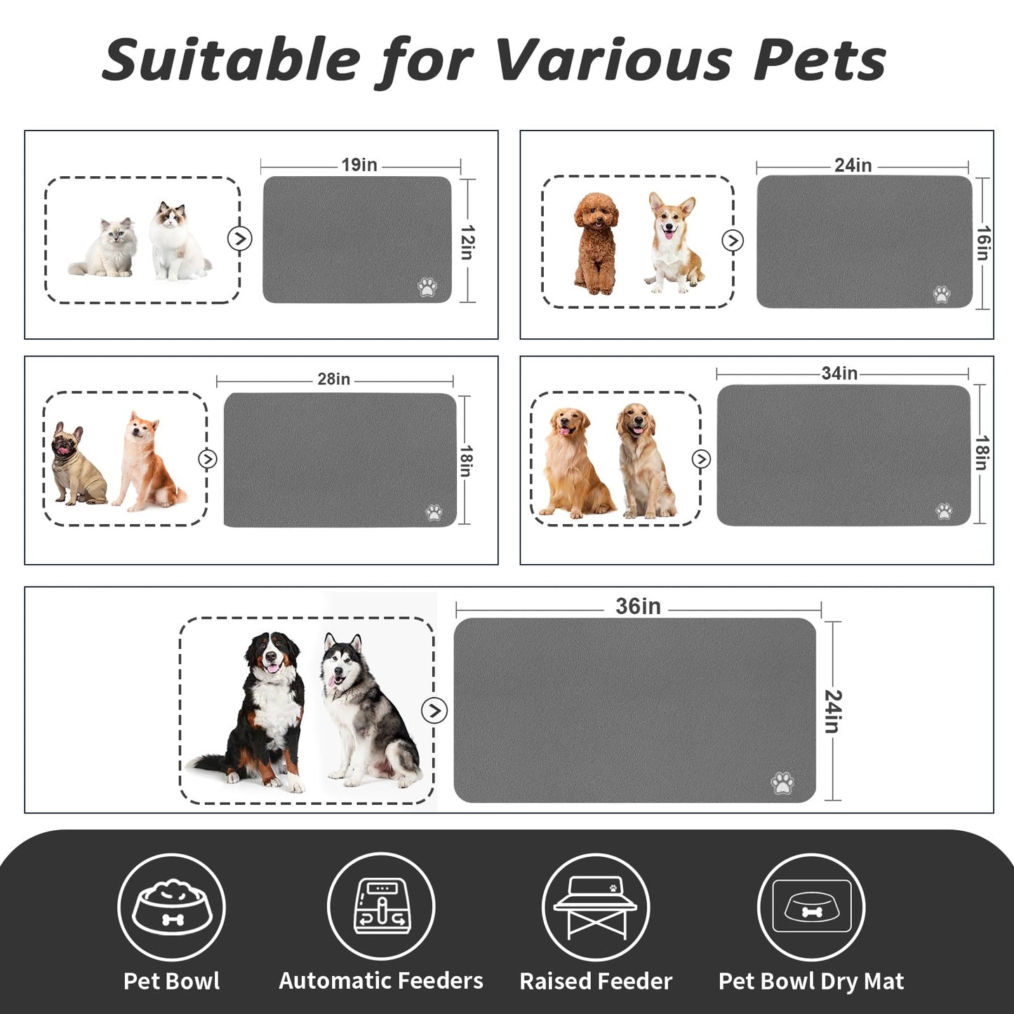 HotLive Dog Food Mat - Absorbent Cat Mat for Food and Water, No Stains Pet Feeding Bowl Mat, Easy to Clean Pet Placemats, Quick Dry Dog Water Dispenser Mat for Messy Drinkers | Paw Dark Grey 12"x 19"