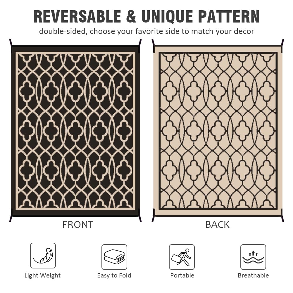 Pendolr Reversible Mats - Outdoor Rugs 9'x12' for Patios Clearance, Plastic Straw Rugs Waterproof, Portable, Outdoor RV Camping Rug, Garden, Balcony, Picnic, Beach, Camping(Black & Beige)