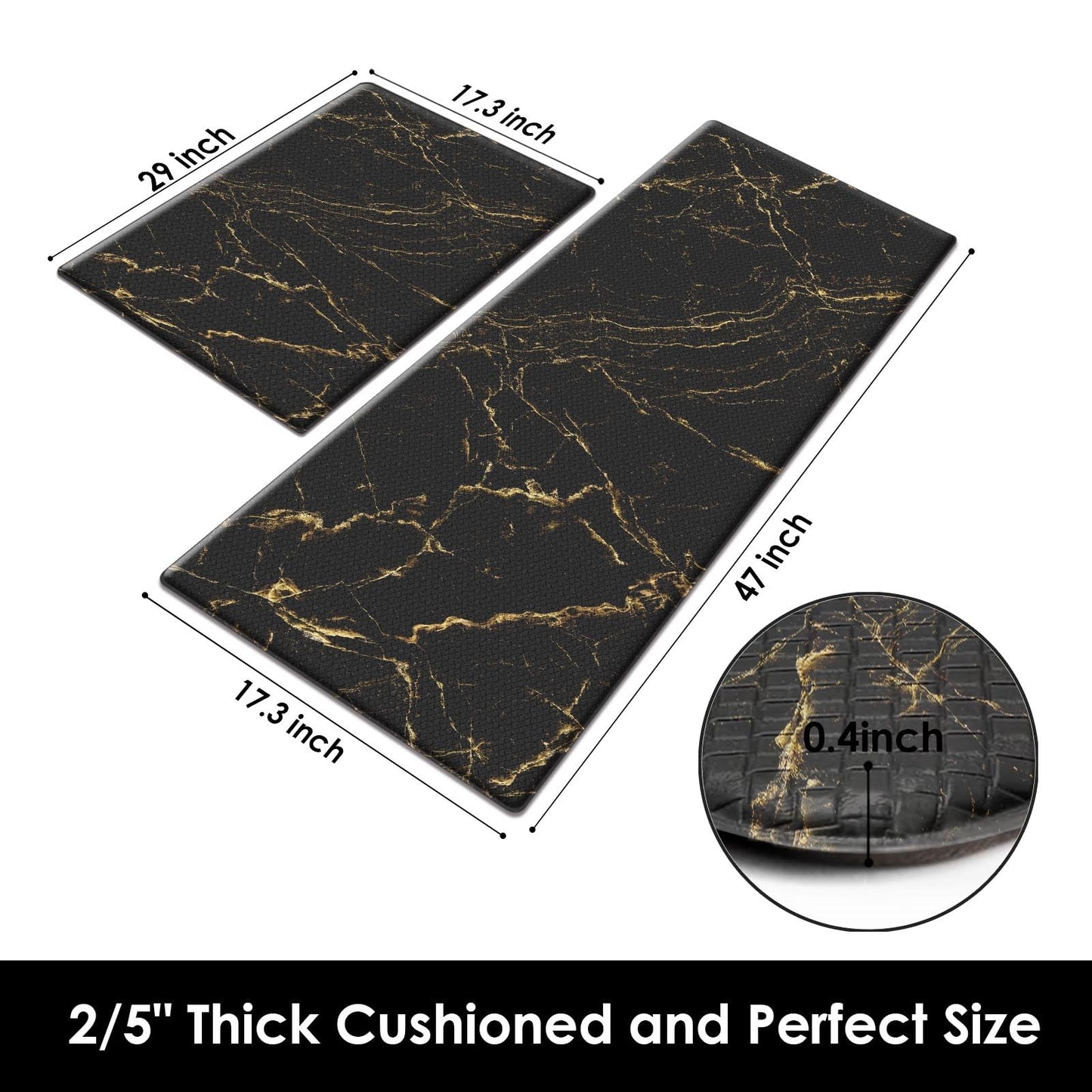 Arttown Anti-Fatigue Kitchen Rug Set of 2 Marble Black Gold Abstract Cushioned Floor Mat, Standing Waterproof Non-Slip Mat and PVC Ergonomic Comfort Foam Rug for Kitchen