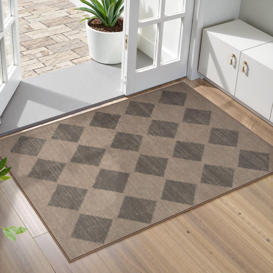 Lahome Zelie Checkered Washable 2x3 Brown Kitchen Rugs Non Slip, Small Printed Indoor Door Mat for Entryway, Moroccan Trellis Ultra-Thin Throw Carpet for Bedroom Laundry Entrance Decor (2'x3',Brown)