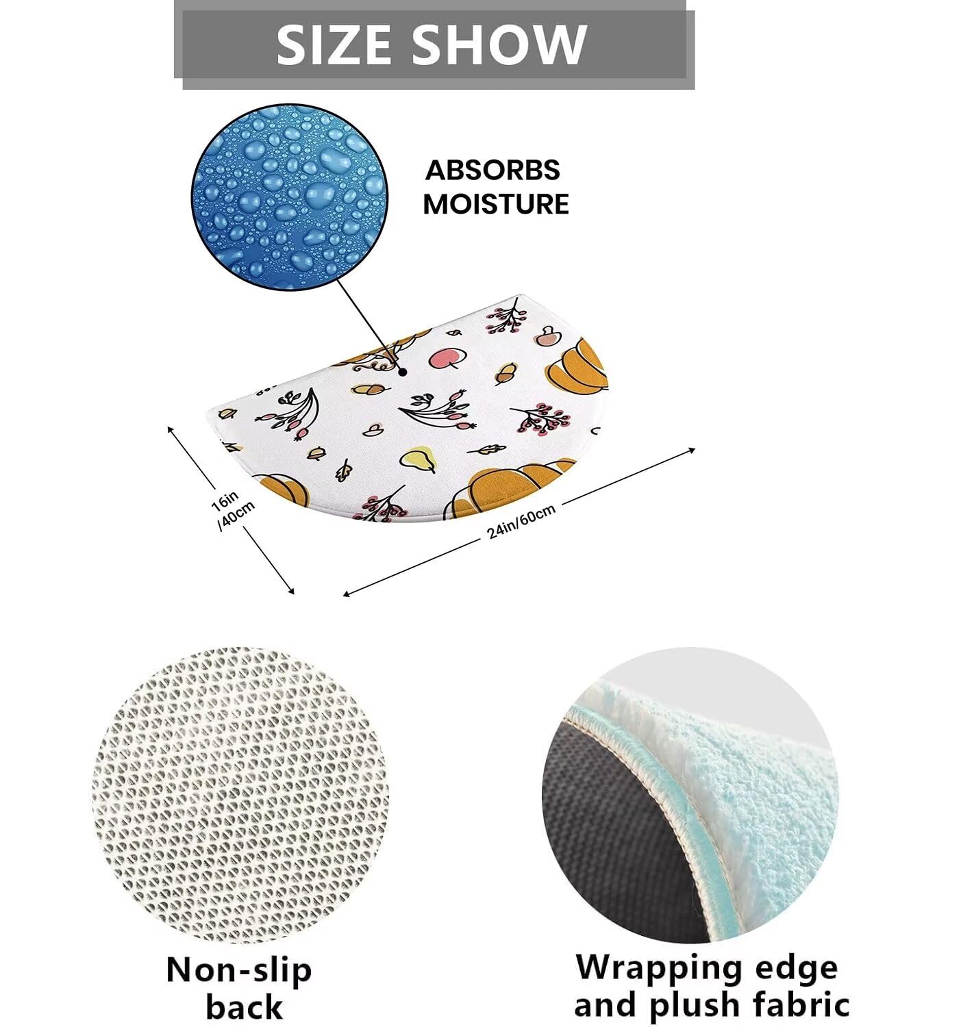 ABOAKRL Half Round Bath Mats for Bathroom, Coffee Pattern Half Round Door Mat Half Circle Area Rug Doormat Home Decor Rug Front Welcome Entrance Way Mat for Indoor Kitchen Bedroom 16x24 inch