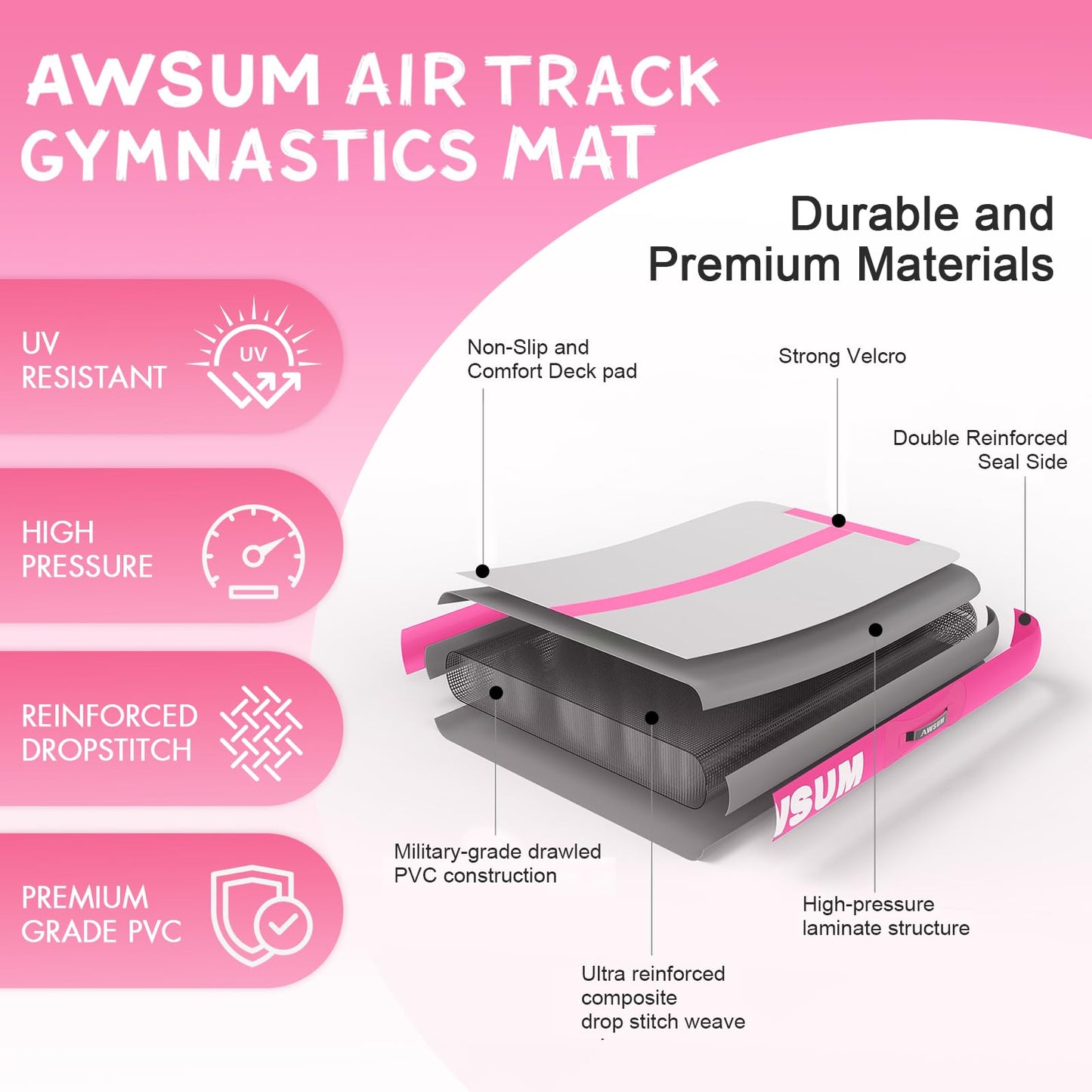 AWSUM Air Gymnastics Mat with Balance Beam 6.6ft inflatable Tumbling Mat Foldable Anti-Slip Beam Gym Equipment for Kids with Electric Pump