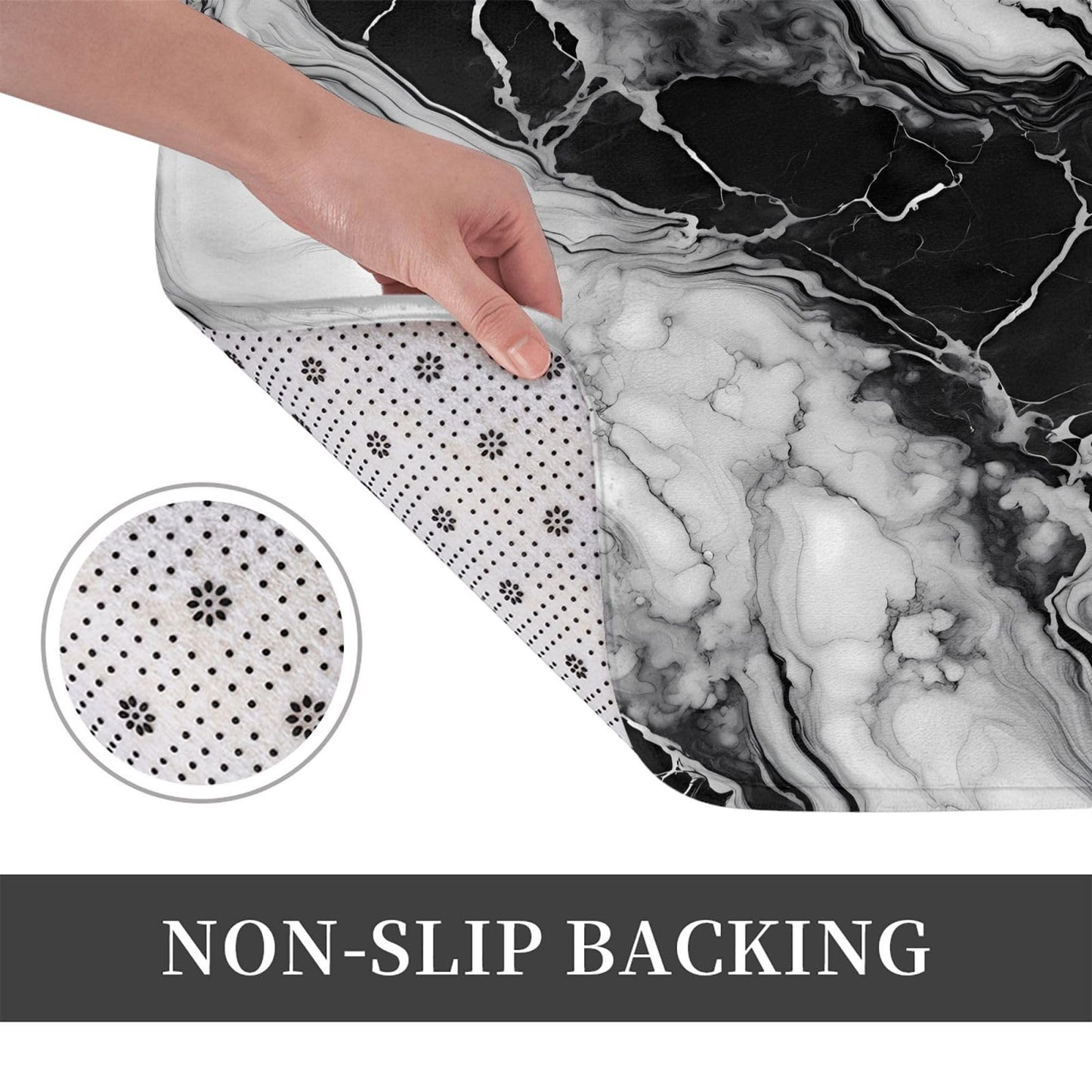 Sovvin Black and White Marble Bath Mat, Non-Slip Microfiber Rug, Soft Absorbent Kitchen Door Mat for Bathroom,Bedroom, 16x24 Inches