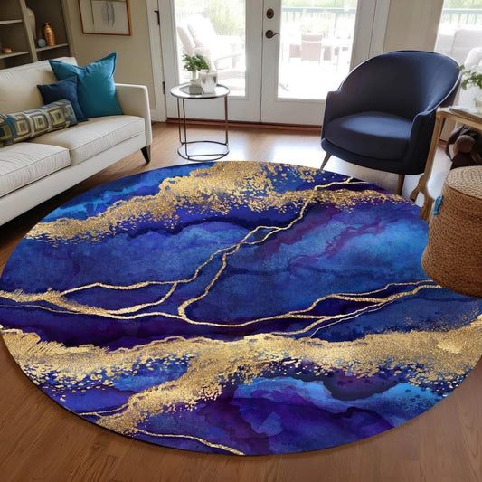 Royal Blue Gold Modern Abstract Marble Pattern Round Area Rugs for Living Room Bedroom Art Deco Circular Rug Soft Wool Washable Non Shedding Home Office Conference Room Large Floor Carpet 6ft