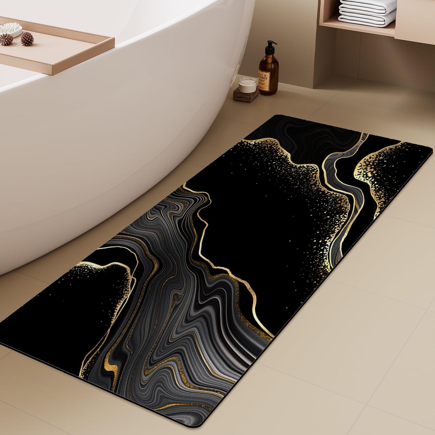 Azppsad Extra Long Bath Rug, Black and Gold Marble Decor Non Slip Bath Runner Rug with Rubber Backing, Thin Absorbent Quick Dry Bath Mats for Bathtub Bathroom Kitchen, 15.7x47.2 inch