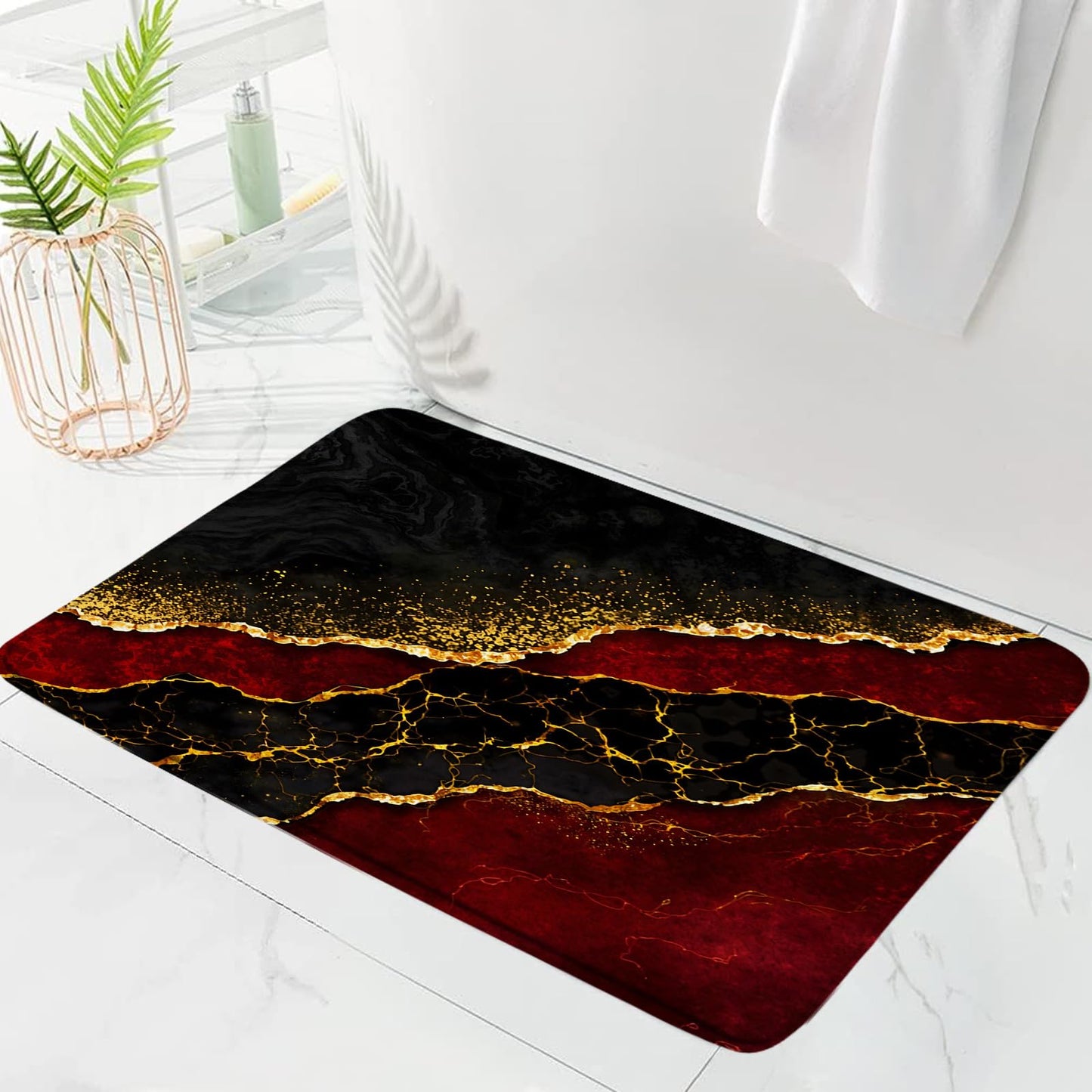 ZKJSMGS Red Marble Bath Mat Abstract Burgundy Maroon Marble Gold Veins Texture Crack Ink Luxury Geometric Creative Bath Rugs for Bathroom Kitchen,17.8x29.5 Inch