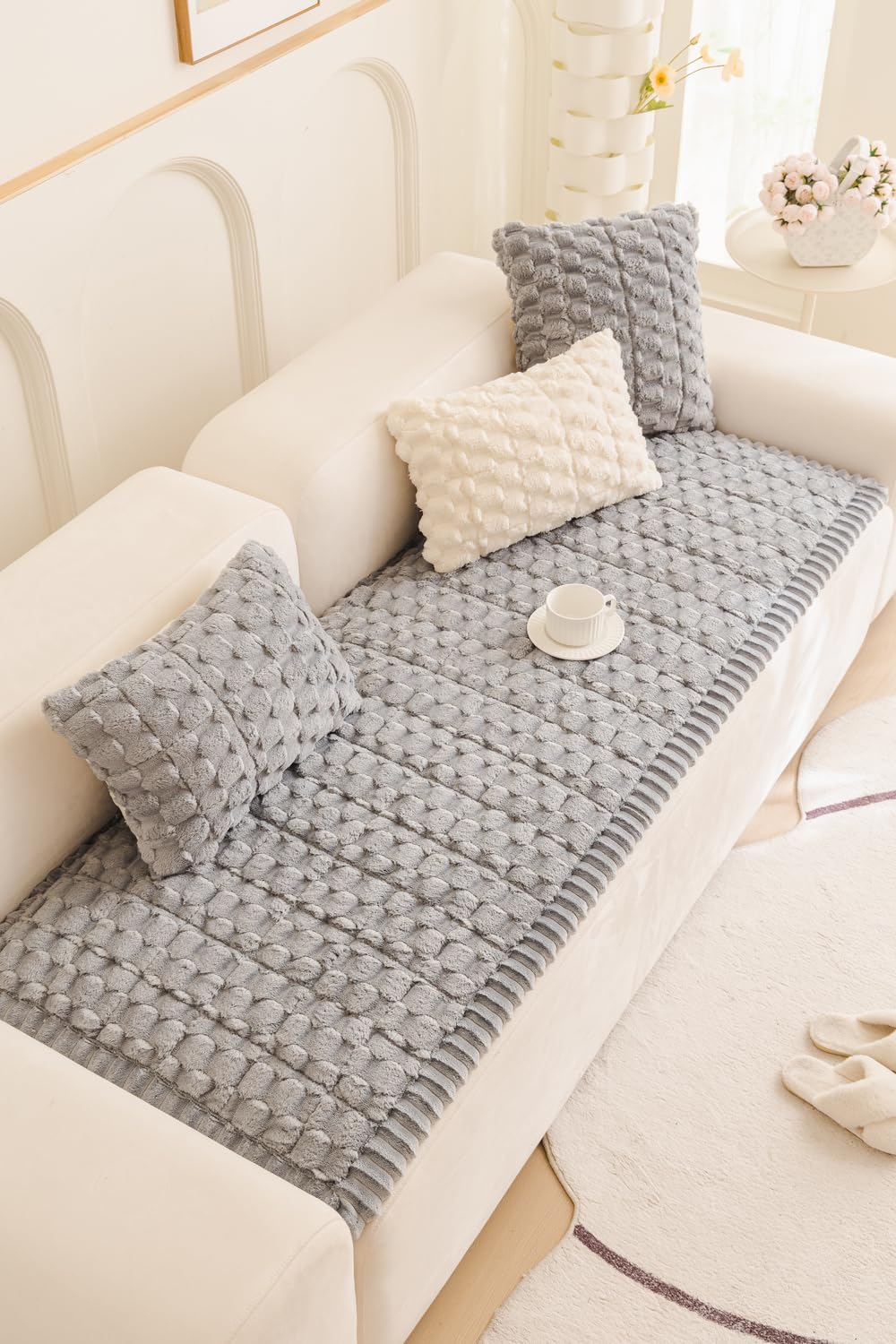Tiwwie Couch Cover for Dogs Fuzzy Sofa Covers for Pet, Geometric Jacquard Coral Pet-Friendly Washable Non-Slip Sofas Slipcover Cushion Protector Pets Mat Dog Bed Mats Dim Gray 27.6”x 59.06”