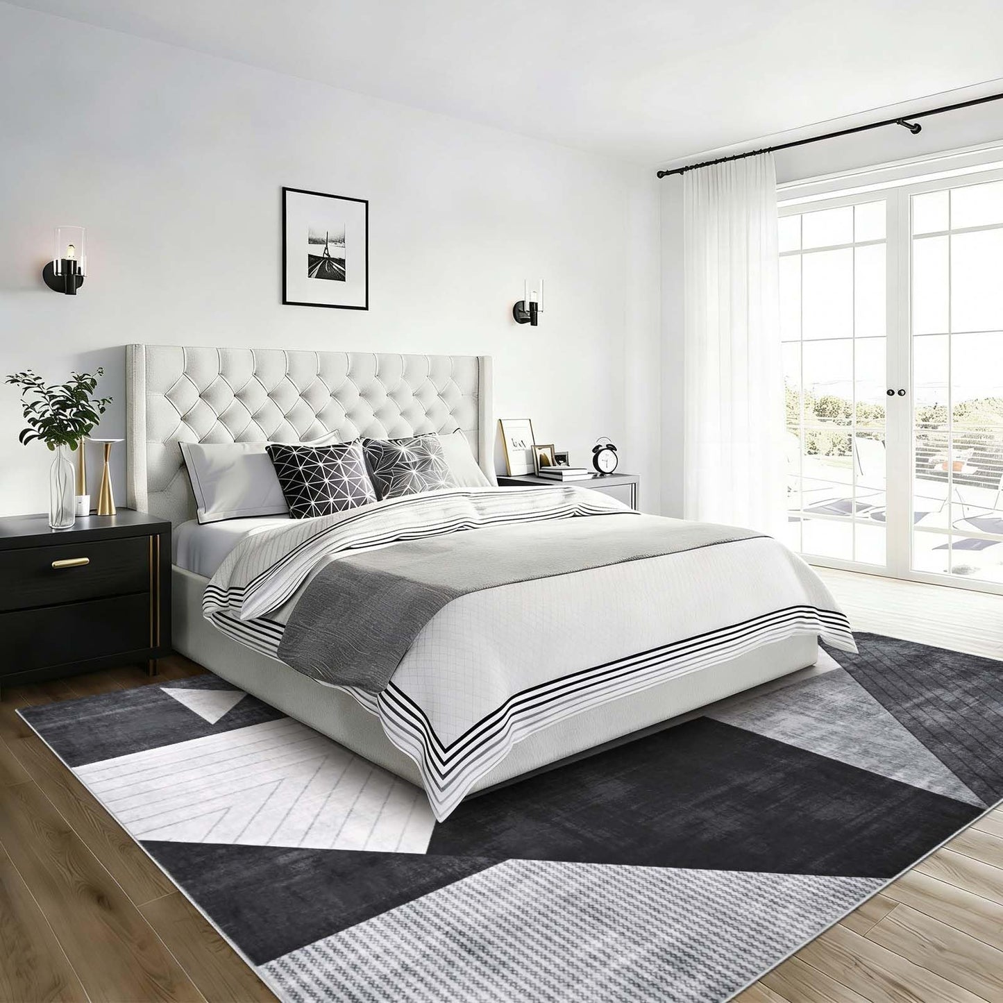 Yinhua Modern Geometric Area Rugs 9x12 Living Room Grey Washable Rugs Non Slip Low Pile, Large Soft Bedroom Rug Non Shedding, Modern Simplicity Carpet for Home Office, Dining Room, Grey Black