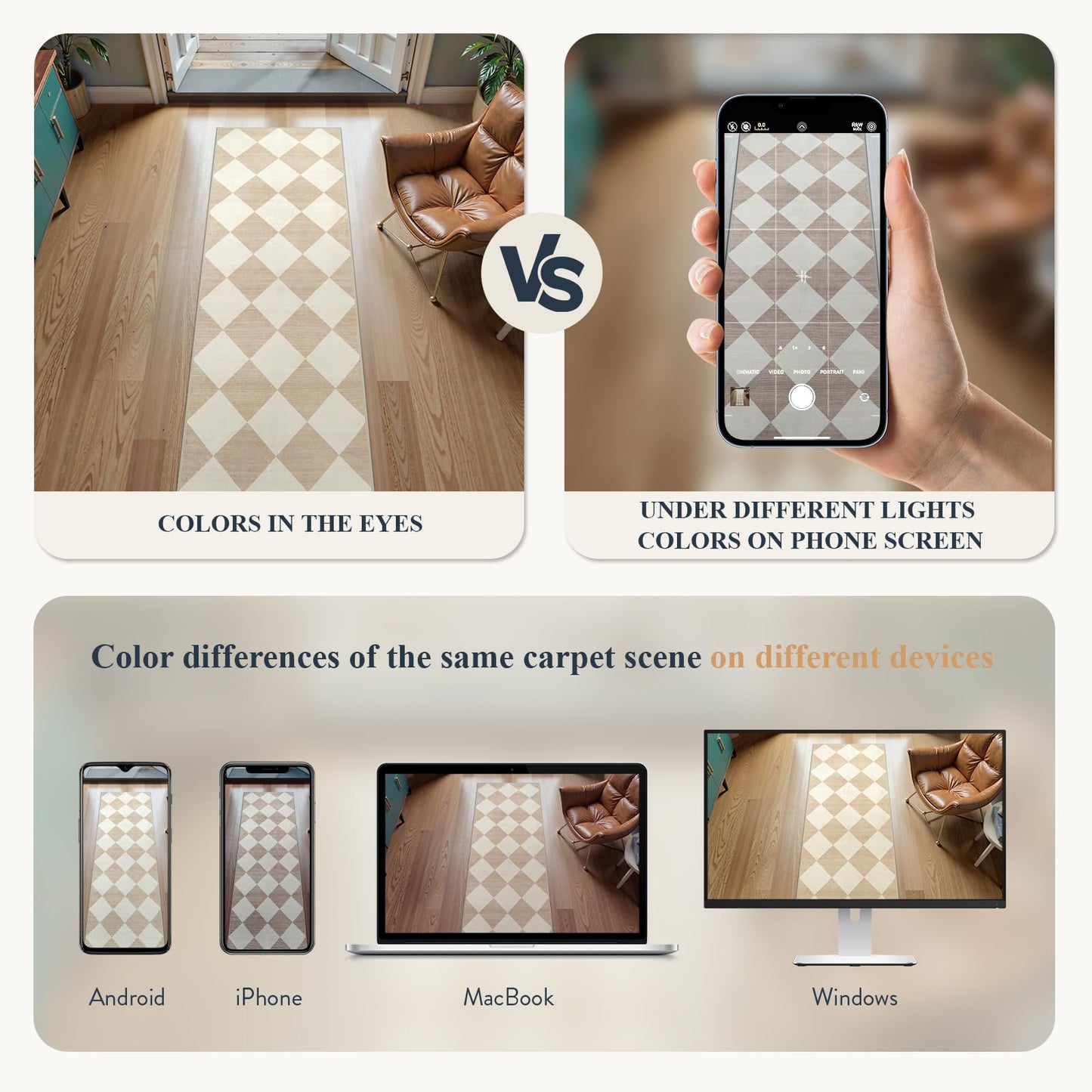 Beeiva Checkered Print 5x7 Washable Area Rugs for Bedroom, Non Slip Ultra Thin Beige Rugs for Living Room, Geometric Plaid Dorm Decor Soft Low Pile Carpet for Office Kids Room Classroom