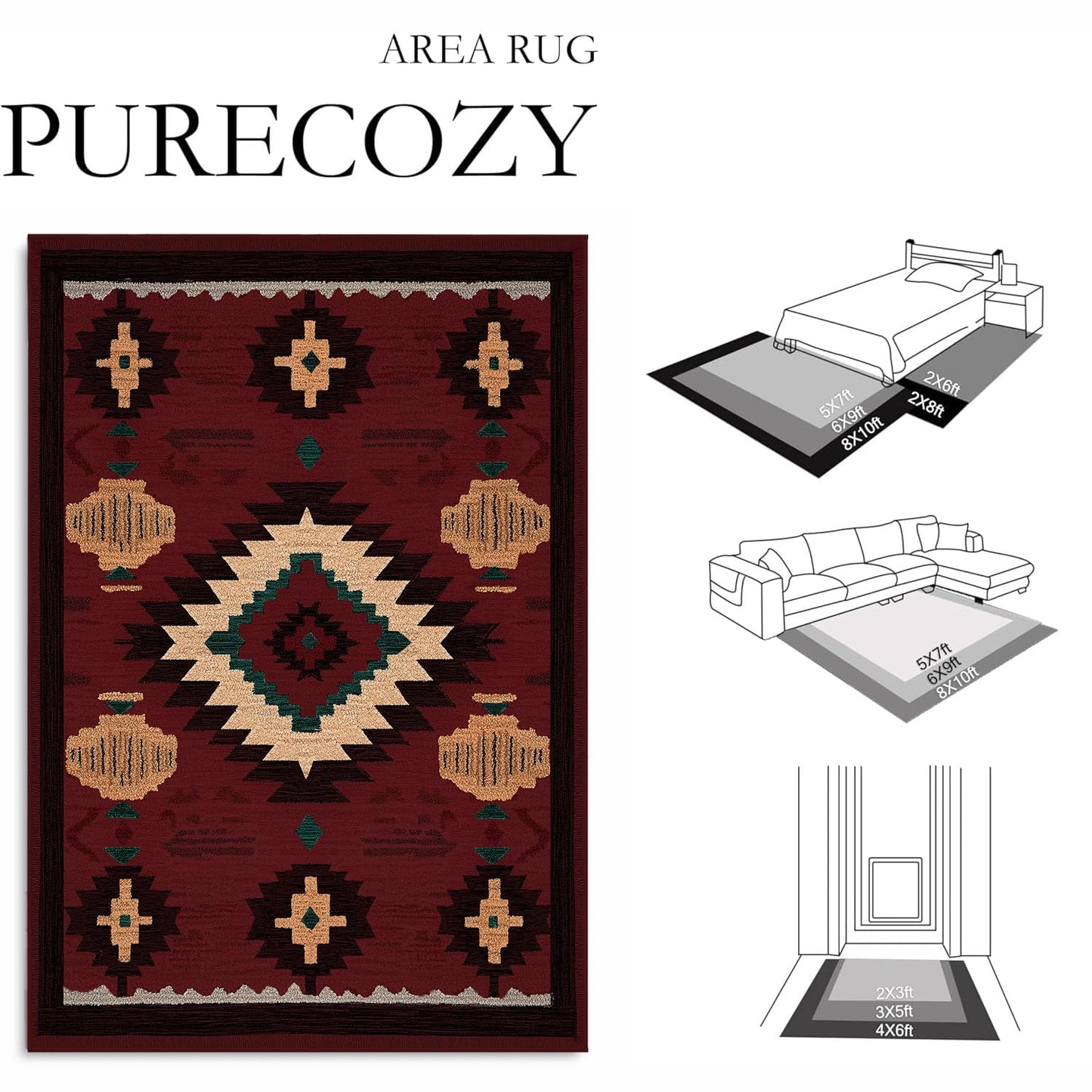8x10 Area Rug for Living Room Western Rug Aztec Southwestern Rugs Machine Washable Tribal Navajo Southwest Rug Non Slip Printed Low-Pile Indoor Floor Carpet for Dining Room Bedroom Office, Red