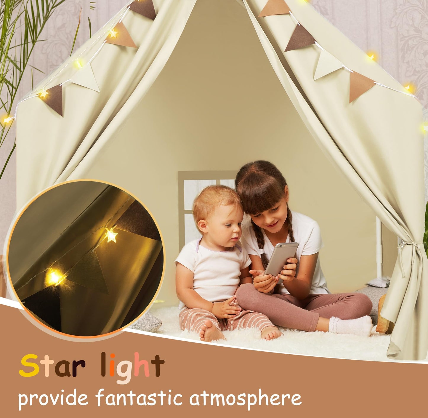 MORITECK Kids Play Tent with Padded Mat & Star LED Lights for Ages 4-8-10 Year Old Girls Boys, Large Cute Indoor Play Room House Tent for Toddler Children (Beige)