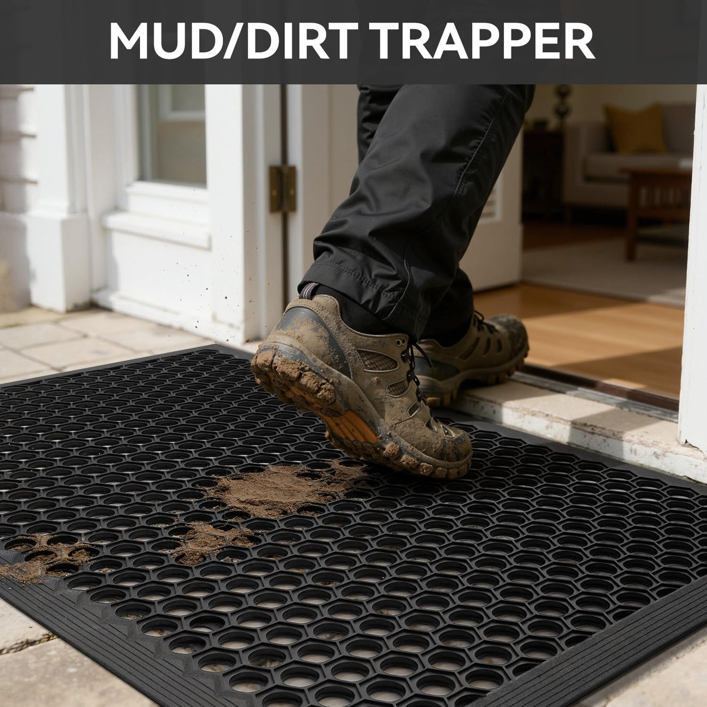 RESARE Front Door-Mat Outside Entrance, 17"x30" Rubber Doormat Non Slip Waterproof, All Weather Welcome Matt-Outdoor Dirt Trapper Mud Mat Heavy Duty Door-Mats for Garage, Entryway (Black)