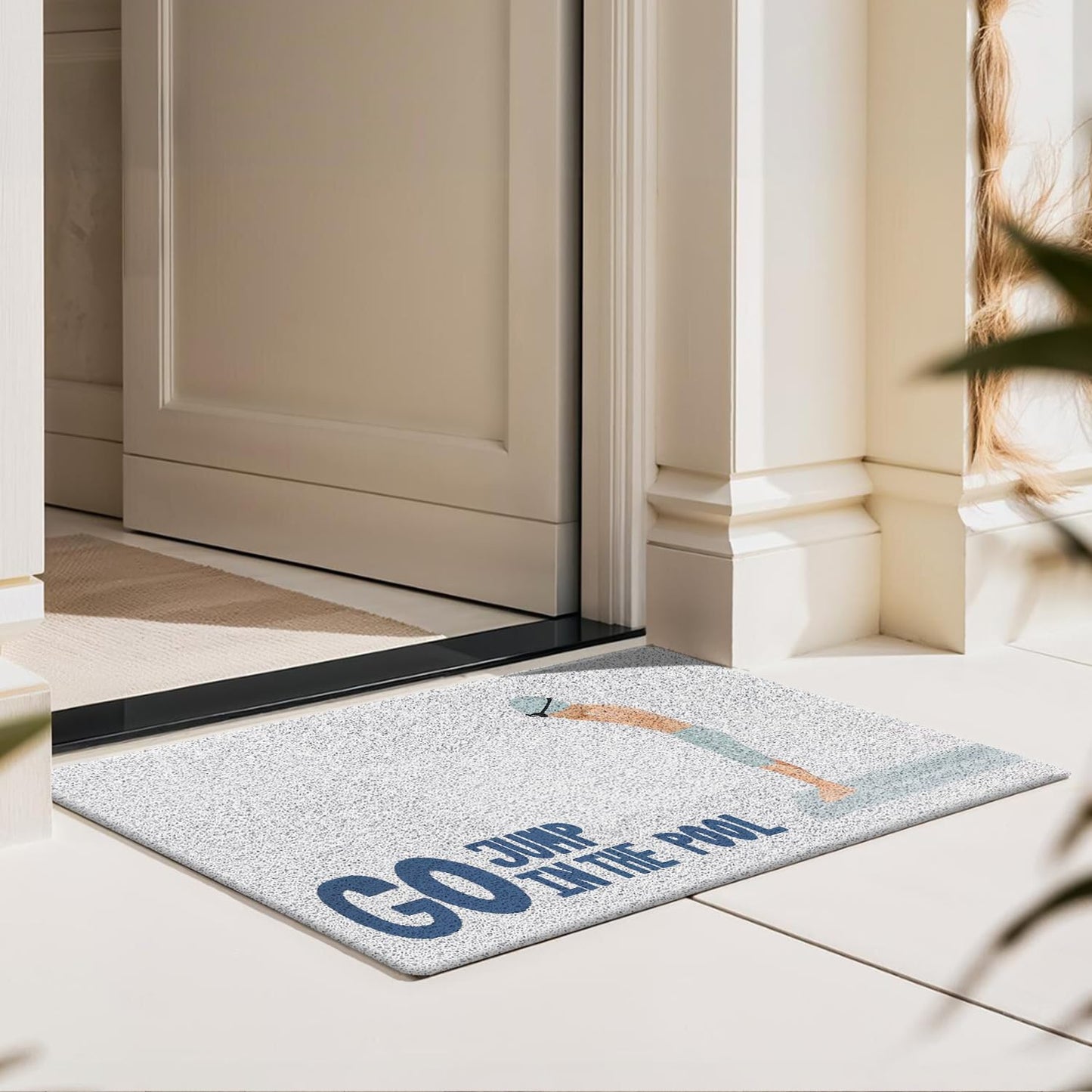 URLLUAE Coastal Beach Door Mat, Go Jump in The Pool Funny Blue Doormat Welcome Mats for Front Door Porch Outdoor Outside Entrance, Beach Bath Rug for Bathroom, 17x30 Inch