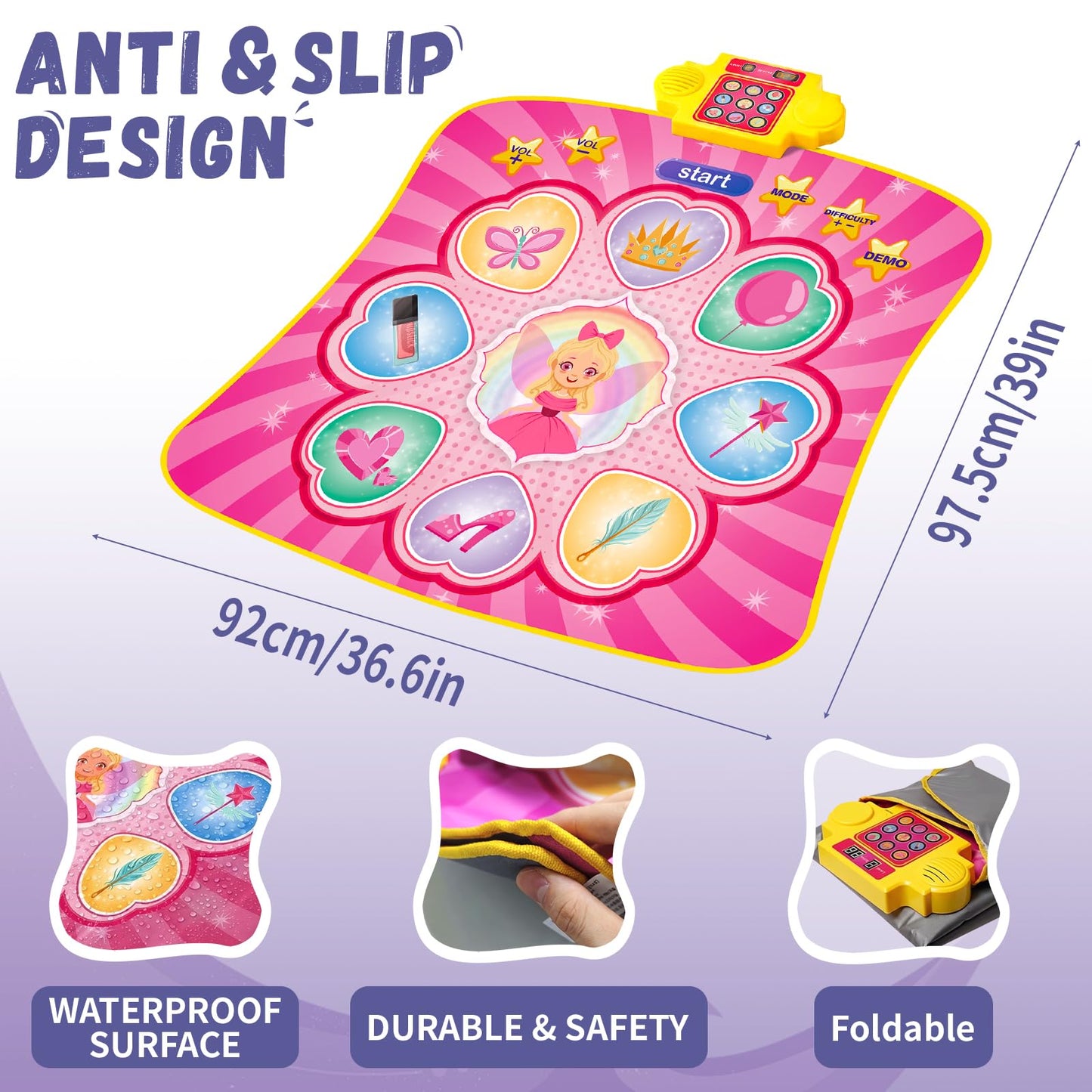 YESHIN Dance Mat, Rhythm Step Play Mat with LED Lights, Oversized Sensitive Buttons, 8 Songs & 7 Volume Levels, 3 Modes, Dance Game Toy Pad, for Kids Girls 3-12 (Pink)