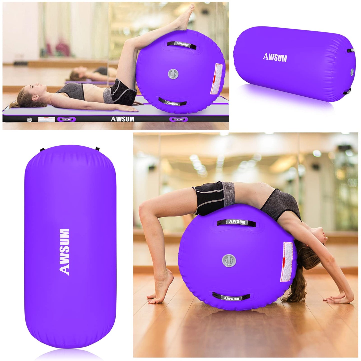 AWSUM Gymnastics Air Mat with Air Roller 4inches Thickness Inflatable Tumbling Mats Purple Gymnastics Barrel with Electric Pump for Home/Gym Use 10ft