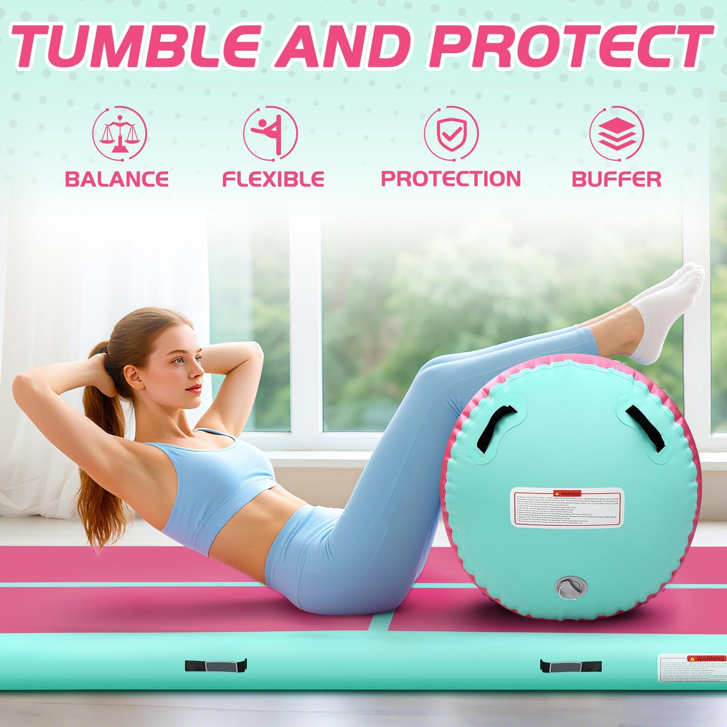 KIKILIVE Inflatable Gymnastics Tumble Mat 10ft and Air Roller 40x23inch Pink Green, Air Mat Track 4 inches Thickness and Air Roller Gymnastics Barrel with Electric Air Pump for Home Use Outdoor Training Cheerleading Beach Park