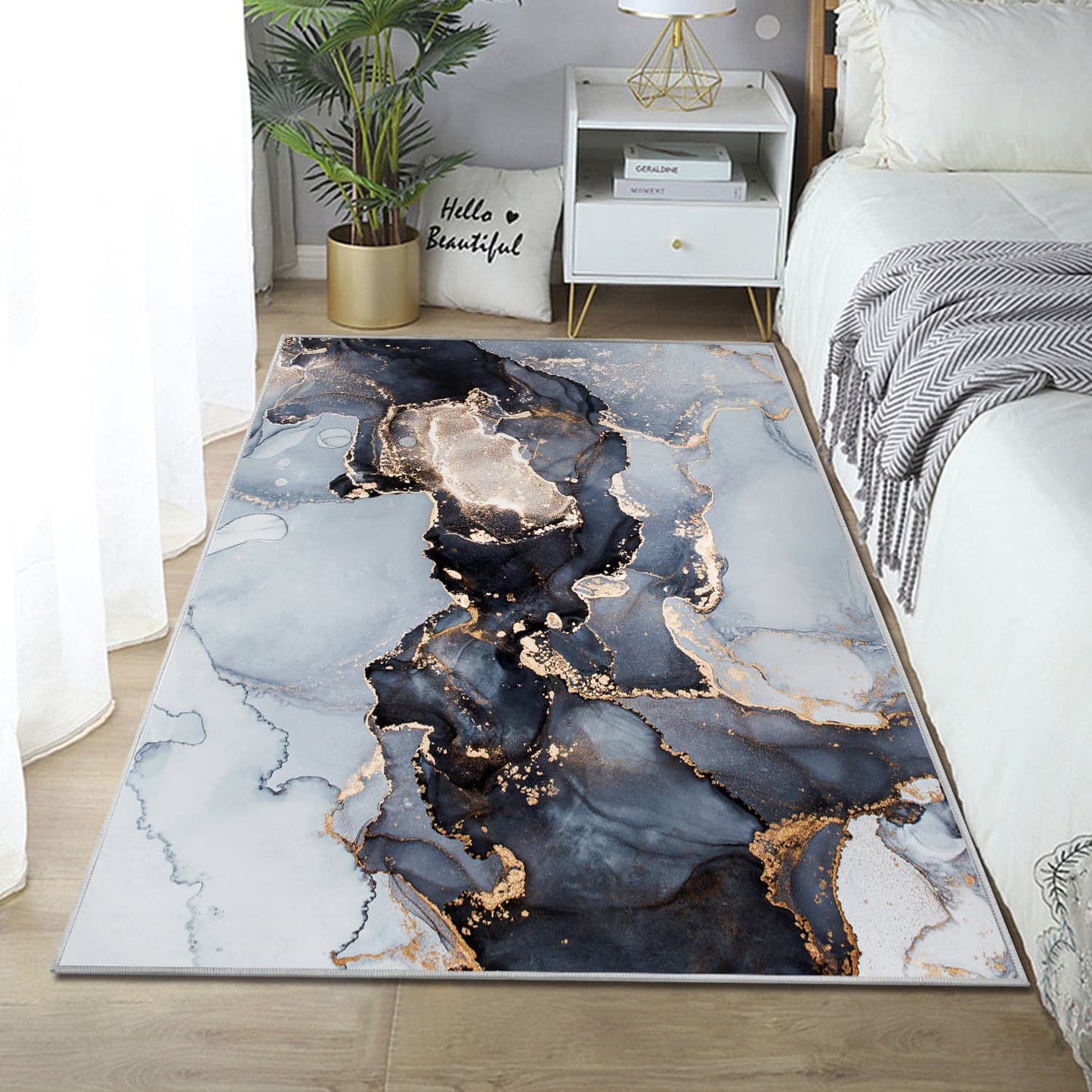Modern Abstract Collection Area Rug - 3' x 5' Washable Entryway Rug Non-Slip Luxury Marble Texture Area Rug for Bedroom Dining Room Home Office Decor Under Kitchen (Blue/Gold)