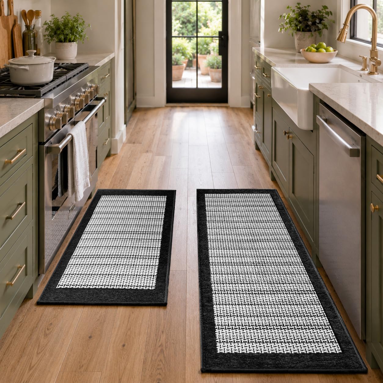 eqivei Kitchen Rugs, Non Slip Washable Kitchen Mat Set of 2, 47"x20"+31"x20", Absorbent Runner Rugs with Rubber Backing for Front of Sink, Kitchen Floor, Laundry Room (Black)