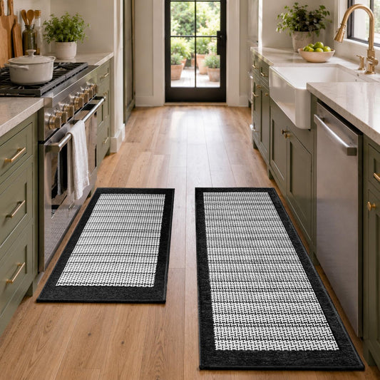 eqivei Kitchen Rugs, Non Slip Washable Kitchen Mat Set of 2, 47"x20"+31"x20", Absorbent Runner Rugs with Rubber Backing for Front of Sink, Kitchen Floor, Laundry Room (Black)