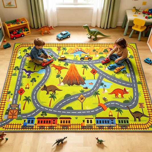 LIVEBOX Kids Dinosaur Car Rug Play Mat, Washable Playroom Rug with Roads for Toy Cars, Non Slip Safari Dino Park Adventure Carpet for Boys Bedroom（ 5.3x6.6 ft ）