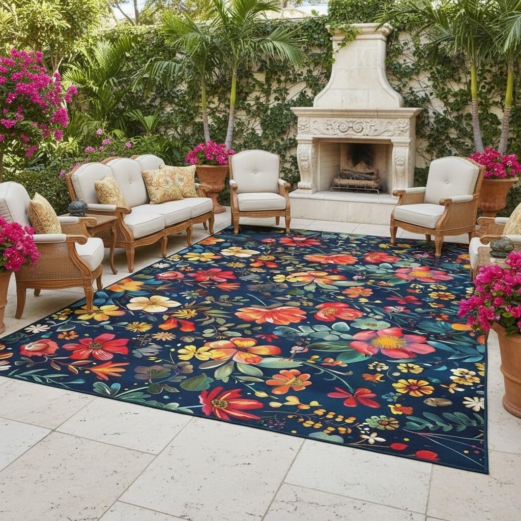 Retro Floral Outdoor 2x3 Area Rug for Patio Porch Balcony Garden Deck Washable Waterproof Large Carpet Tropical Boho Red Orange Flower Print Front Yard Camping Easy Clean Non Skid Picnic Camping Mat