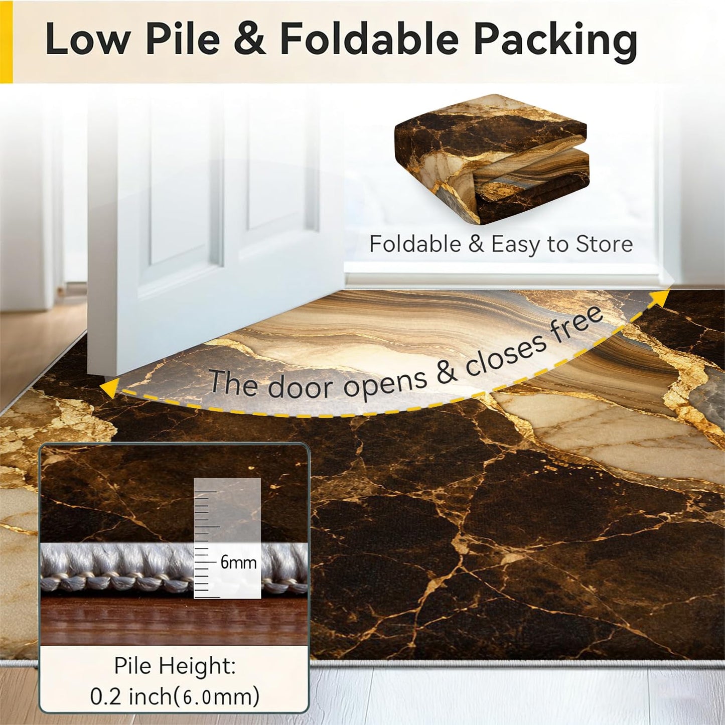 Earth Tone Brown Agate Marble Area Rug 3' x 4', Warm Beige Geode Printed Floor Carpet with Gold Accents, Non-Slip Low-Pile Washable Door Mat for Dining Room Kitchen Laundry Room Mudroom Farmhouse