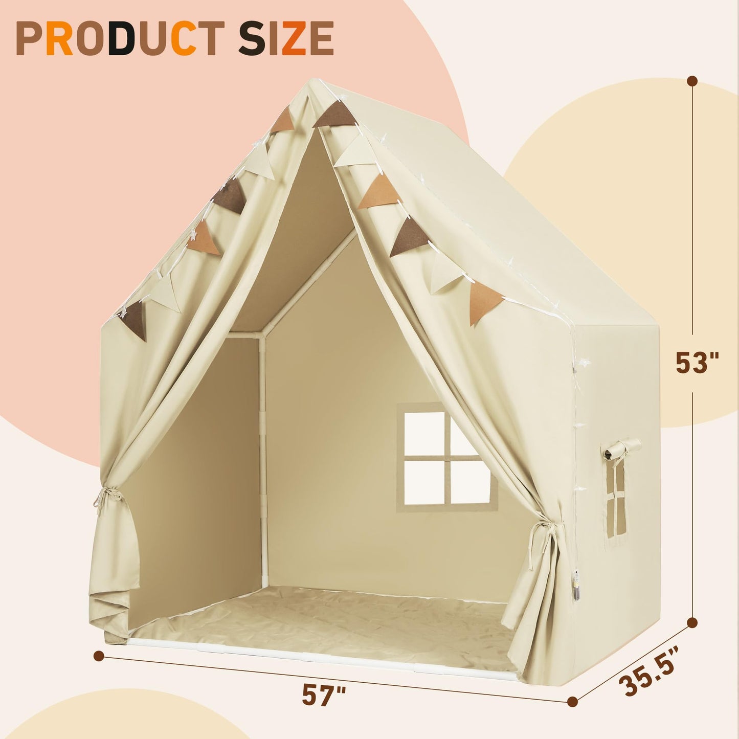 MORITECK Kids Play Tent with Padded Mat & Star LED Lights for Ages 4-8-10 Year Old Girls Boys, Large Cute Indoor Play Room House Tent for Toddler Children (Beige)
