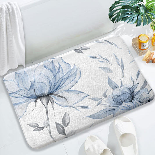 Blue Grey Watercolor Floral Bath Mat,Flower Leaves Minimalist Aesthetic Non Slip Absorbent Floor Rugs Quick Dry Soft Velvet Rugs Carpets, for Bathtub Bathroom Bedroom Kitchen, 17x29 Inch