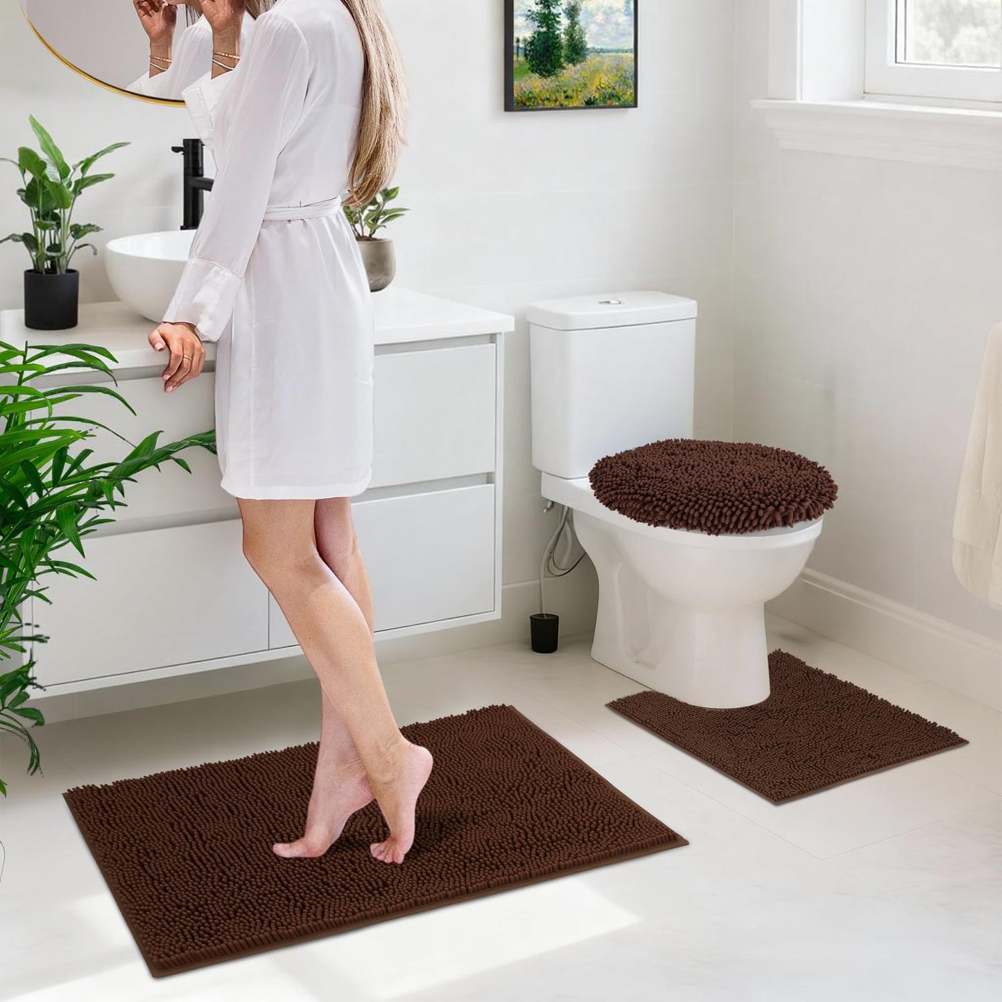 Baahrnom Bathroom Rugs Sets 3 Piece with Adjustable Toilet Seat Cover 19.5"x 18.5" Machine Washable Bath Rug Set with TPR Non Slip Rubber Backing Solid Bath Mat Set for Luxury Bathroom Decoration