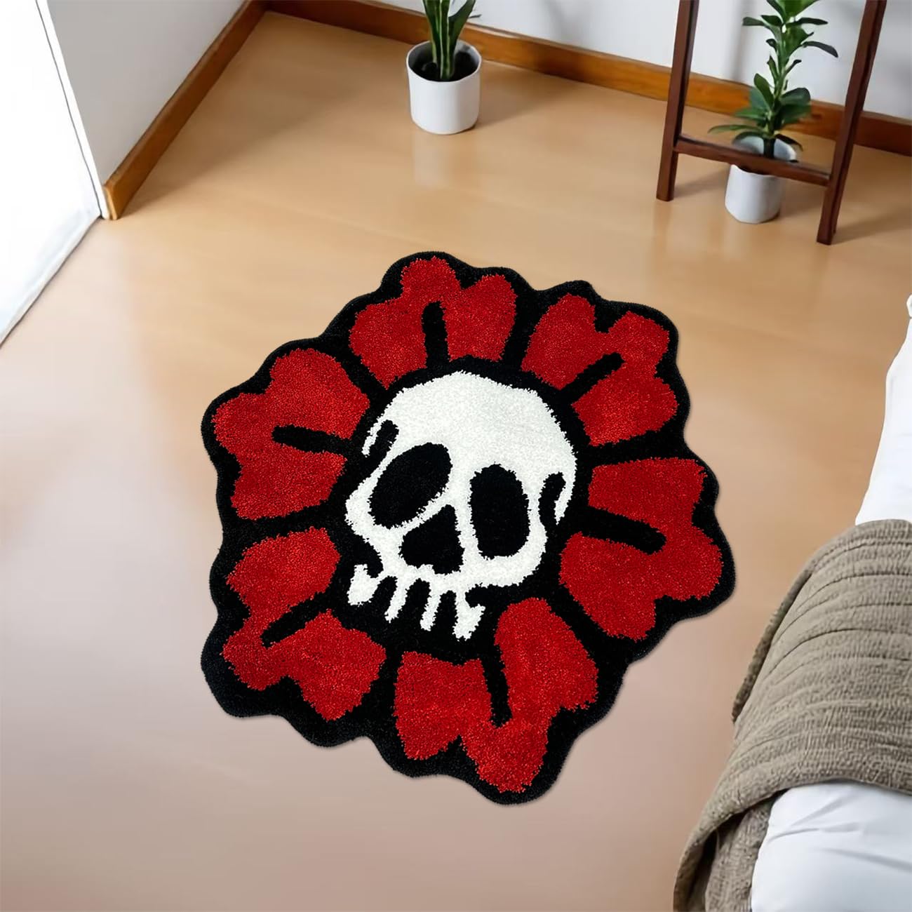 PRELETOCH Trippy Skull Rug Cool Bathroom Rugs Gothic Red Flower Tufted Extra Soft Water Absorbent Quick Dry Bathroom Mat Non Slip Bath Mat Halloween Horror Goth Decor Carpet, 2.6 x 2.6FT