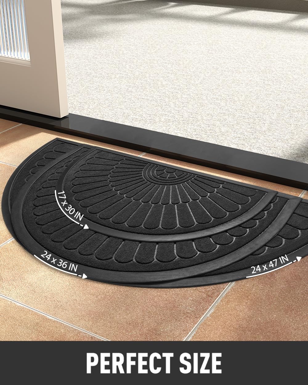 tchdio Door Mat Outdoor Indoor Entrance Doormat-Semicircular Durable Rubber Non Slip Front Door Mat for Outside Inside Entry Entryway Dirt Trapper WelcomeMat for Muddy Paws and Shoes-Black 17”x30”