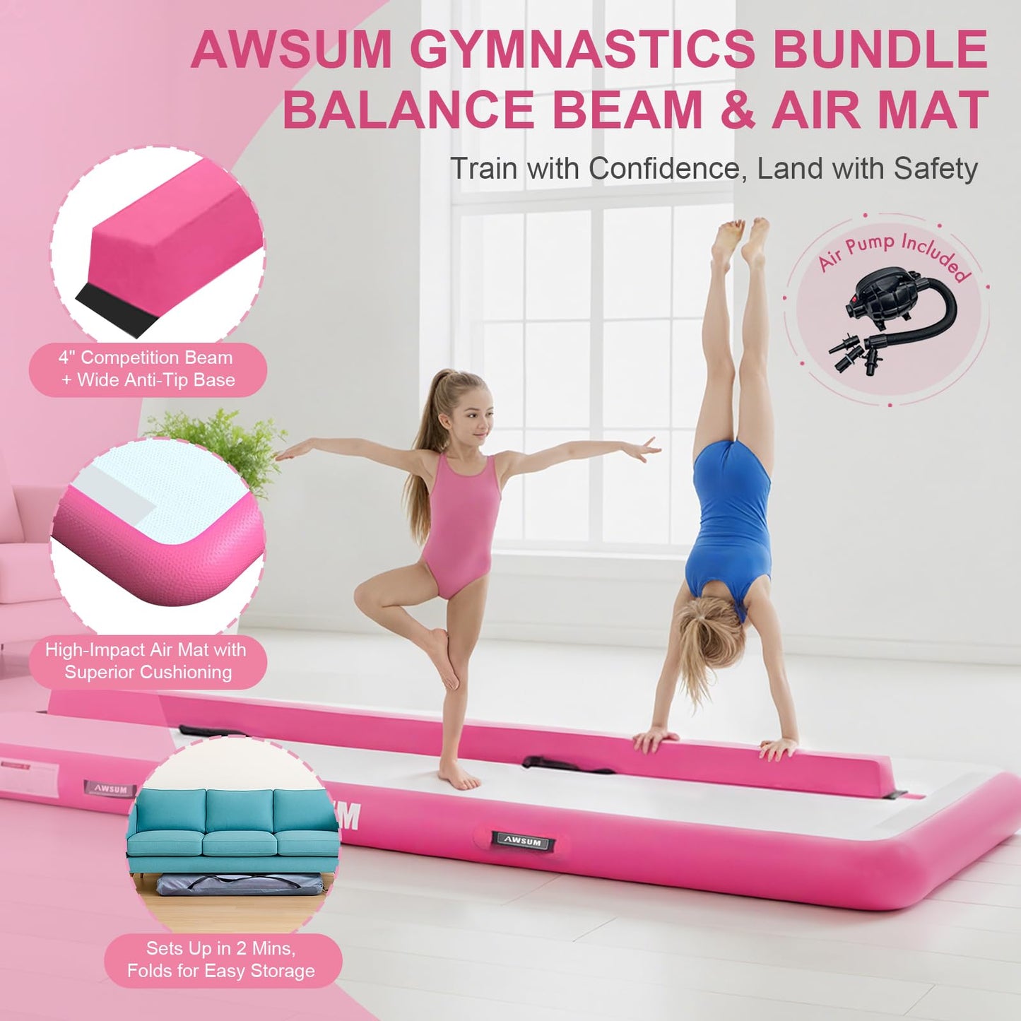 AWSUM Air Gymnastics Mat with Balance Beam 6.6ft inflatable Tumbling Mat Foldable Anti-Slip Beam Gym Equipment for Kids with Electric Pump