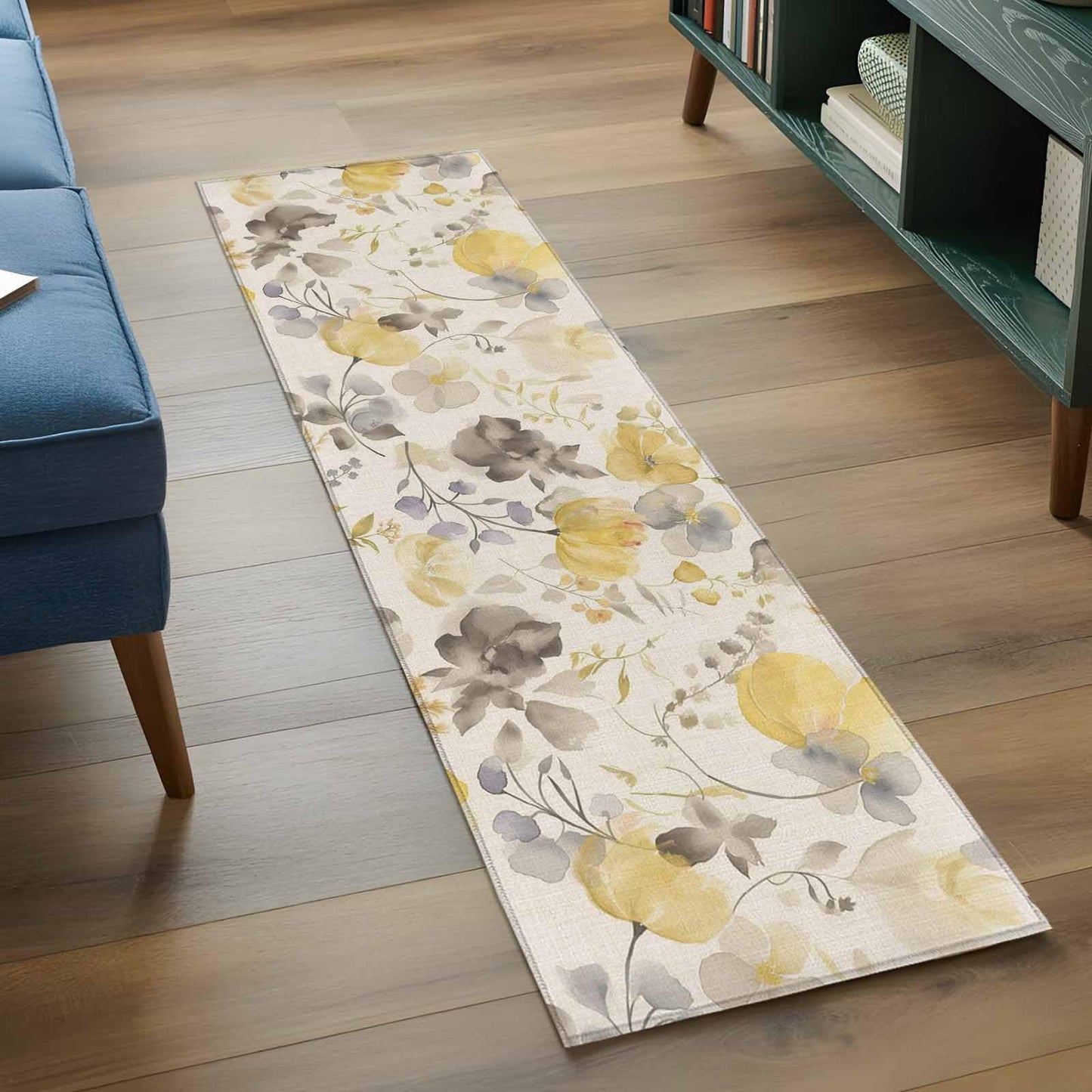 Yellow Gray Floral Runner Rug 2x6 Washable Kitchen Rug Non-Slip Lightweight Thin Soft Bathroom Runner Botanical Watercolor Plants Flowers Texture Beige Carpet for Hallway Laundry Room Bedroom Entryway