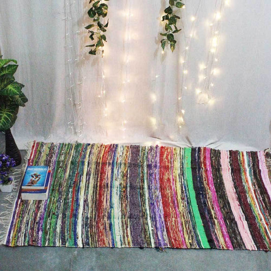 Chindi Cotton Rag Rugs 100% Eco-Friendly, 2-in-1 Reversible Multipurpose, Multicolor Hand-Woven Traditional Rugs (5ft X 3ft) for Living Room & Kitchen - White