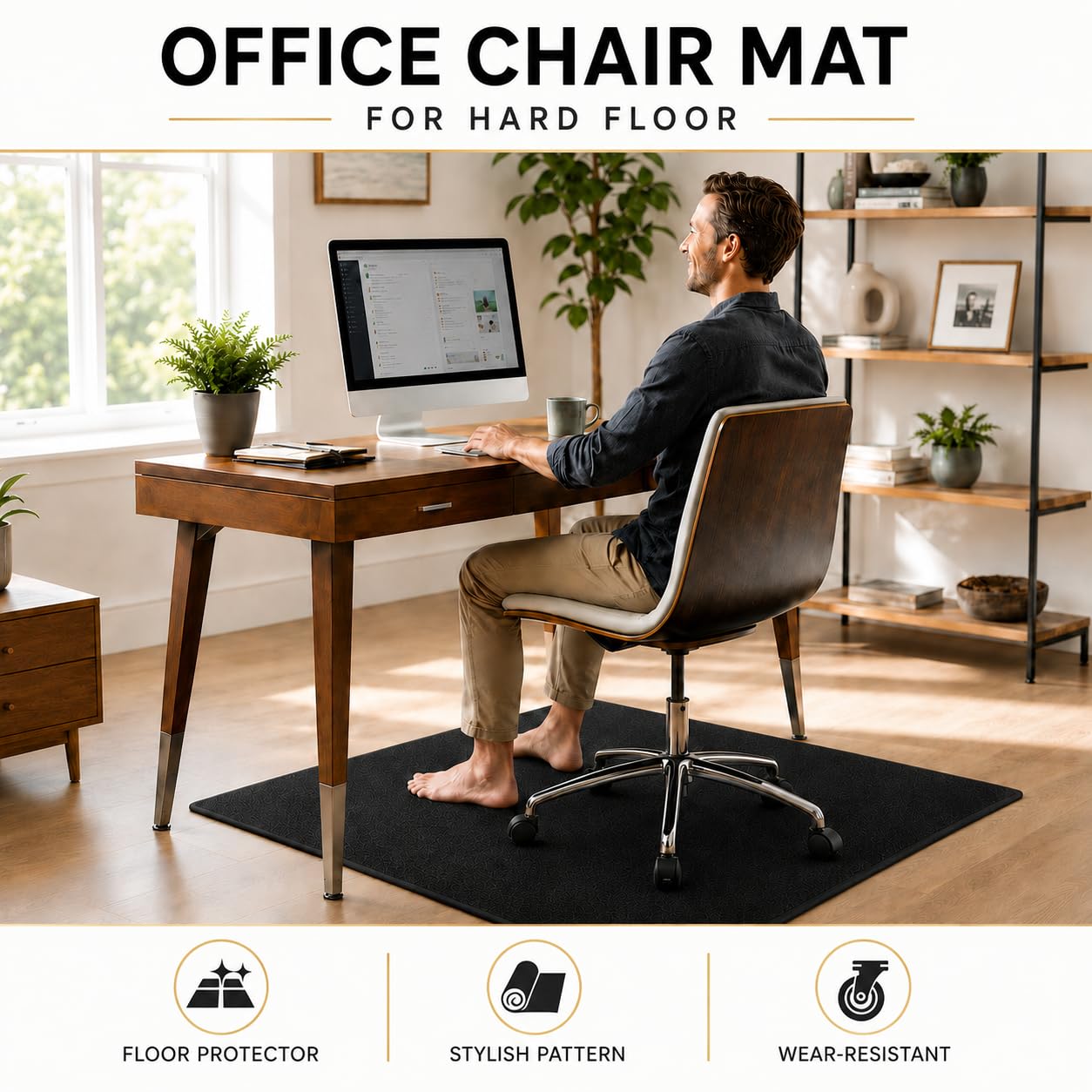 Office Chair Mat for Hardwood Floors, 48 x 35.5 in Non-Slip Desk Chair Mat for Rolling Chairs, Low Pile Under Desk Rug Floor Protector for Wood, Tile & Laminate Floors, Black
