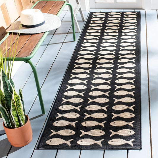 SAFAVIEH Washable Rug Outdoor Courtyard Collection - 2'3" x 6'7" Runner, Black & Beige, Non-Shedding & Easy Cleaning, Ideal for Patio, Entryway, Mudroom, Hallway, Kitchen (CY6013-256)