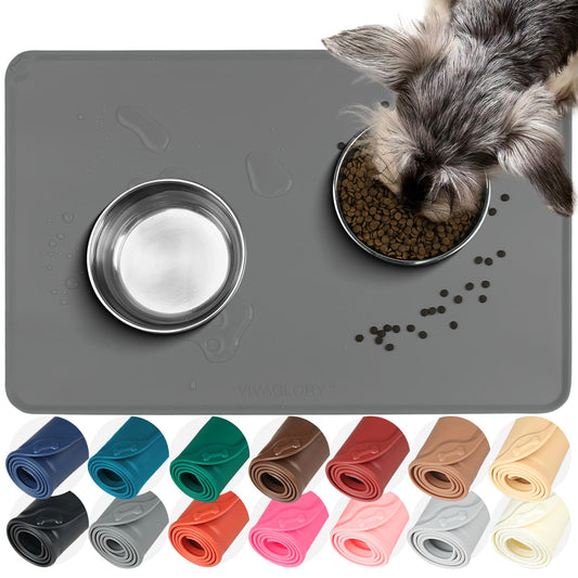 VIVAGLORY Dog Food Mat Flexmat Dog Bowl Mat, Placemat Food Tray with Raised Edges & Lip for Indoor Floor, Non Slip Waterproof Silicone Dish Placemat for Cat & Pet, S, Grey