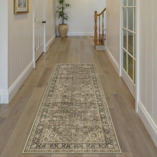 WondRg 2x6 Washable Runner Rug Brown Vintage Non Slip Soft Low Pile Hallway Kitchen Rug Distressed Oriental Carpet for Laundry Bathroom Bedroom Living Room Home Decor