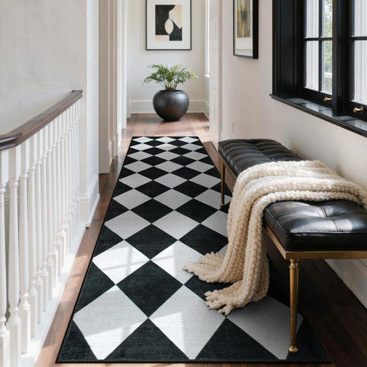 Beeiva Checkered Print Runners for Hallways 2.5x8, Ultra Thin Black Kitchen Runners Non Skid Washable 8 ft, Modern Diamond Stain Resistant Low Pile Carpet for Bathroom Entryway Bedroom Laundry