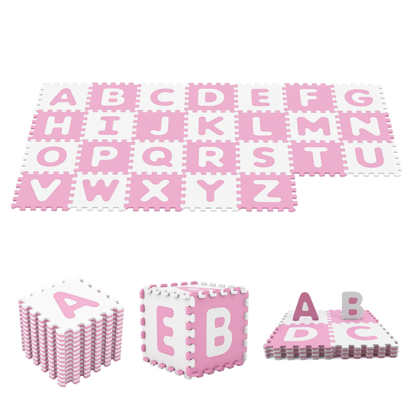 HONEY JOY Foam Floor Tiles for Kids, 12.5” x 12.5” EVA 26-Piece Interlocking Alphabet Puzzle Play Mat, Non-Slip Large Soft Carpet Rug, Easy to Clean, for Baby Crawling Exercise, Playroom (Pink)