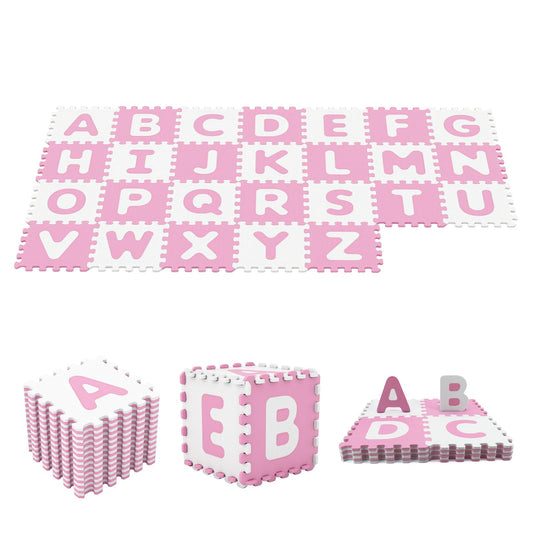 HONEY JOY Foam Floor Tiles for Kids, 12.5” x 12.5” EVA 26-Piece Interlocking Alphabet Puzzle Play Mat, Non-Slip Large Soft Carpet Rug, Easy to Clean, for Baby Crawling Exercise, Playroom (Pink)
