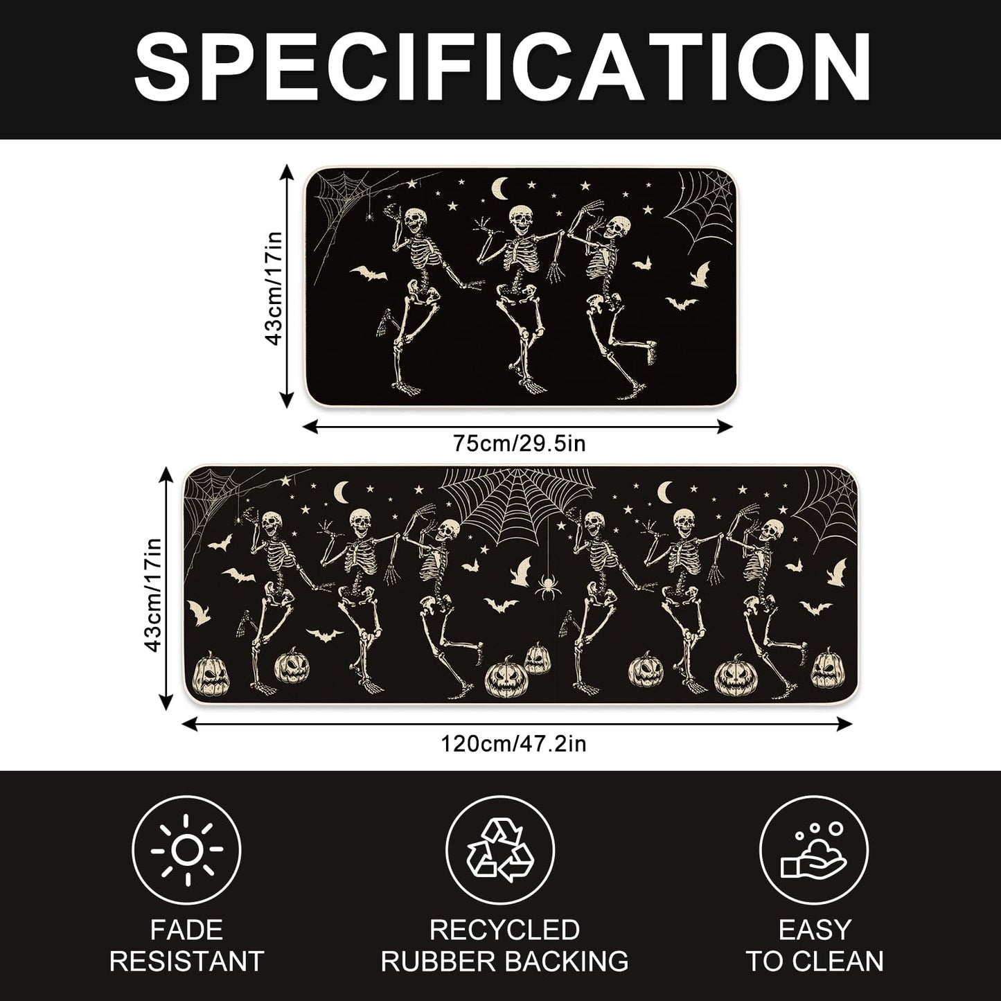 JarThenaAMCS Halloween Skeleton Kitchen Mats Spider Pumpkin Bat Welcome Floor Mat Non-Slip Black Door Rugs for Indoor Outdoor Bathroom, 17 x 29 Inch & 17 x 47 Inch